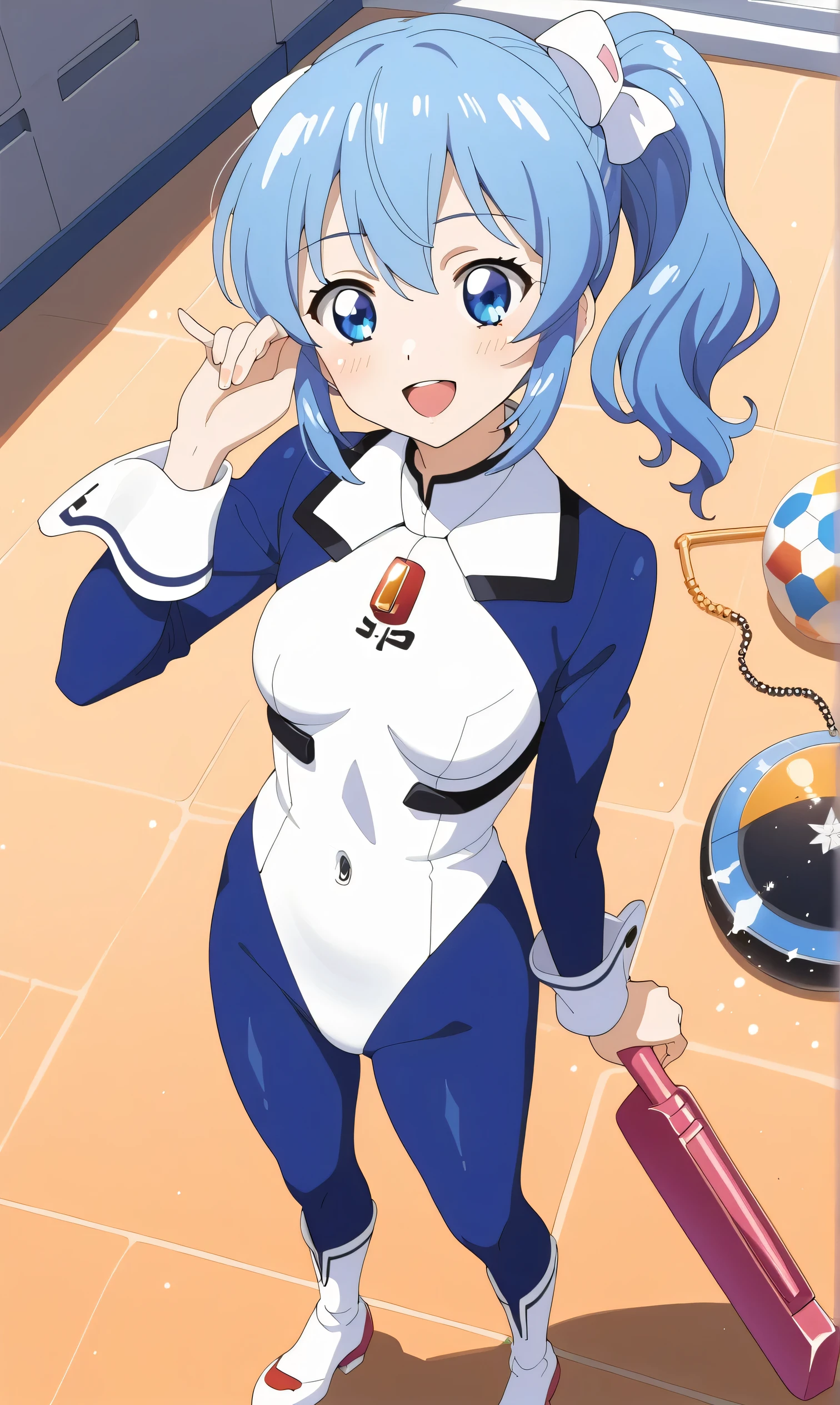 Aikatsu, (overhead view), dynamic angle, super detail, illustration, close-up, straight ahead, 1 girl, (Ayanami Rei, interface headset, blue bodysuit: 1.4, blue)), her eyes Shining like a dreamy star, (Shining eyes: 1.233), (Beautiful and detailed eyes: 1.1), (No expression), (Standing figure), (Masterpiece, highest quality, ultra-high resolution, perfect anatomy studies, very detailed), BREAK, girls 1 person, , blue eyes, side ponytail: 1.8, blue hair, , idol costume, BREAK, (pointing), (full face), , (open mouth), shining eyes, smile, , (white spaceship machine room with tools and spaceship windows), (Night: 1.2), Dreamy, [[Delicate fingers and hands: 0.55]::0.85], (Finger details),