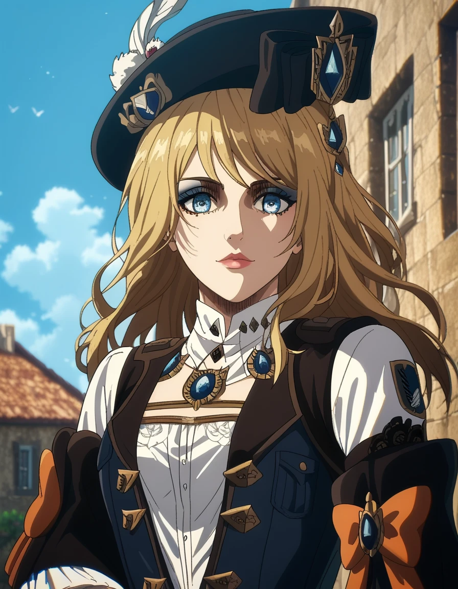 solo, happy look, dark atmosphere, thriller, Navia from Genshin Impact, Attack on Titan Season 4, eyeshadow, A tall young woman with fair skin, blue eyes and long wavy blond hair. She is wearing a dark blue corset, under which there is a white shirt; a dress decorated with dark blue and gold inserts; a black hat tilted to the left side of her head. On her feet she wears black boots with bows and blue gems, as well as black knee socks turning into a dark gray color. The orange bow on Navya's left hand serves as an accent on which the "Vision" is attached. Survey Corps emblem, ( beautiful eyes:1.1), (perfect face, detailed face, detailed eyes, perfect eyes, perfect hands, perfect fingers, large breast, upper body), perfect hands, detailed clothing, black shoes, long legs full body, outdoors, she's stands on the roof of a medieval building, medieval city on the background, (looking at the viewer), Attack on Titan Season 4 uniform,