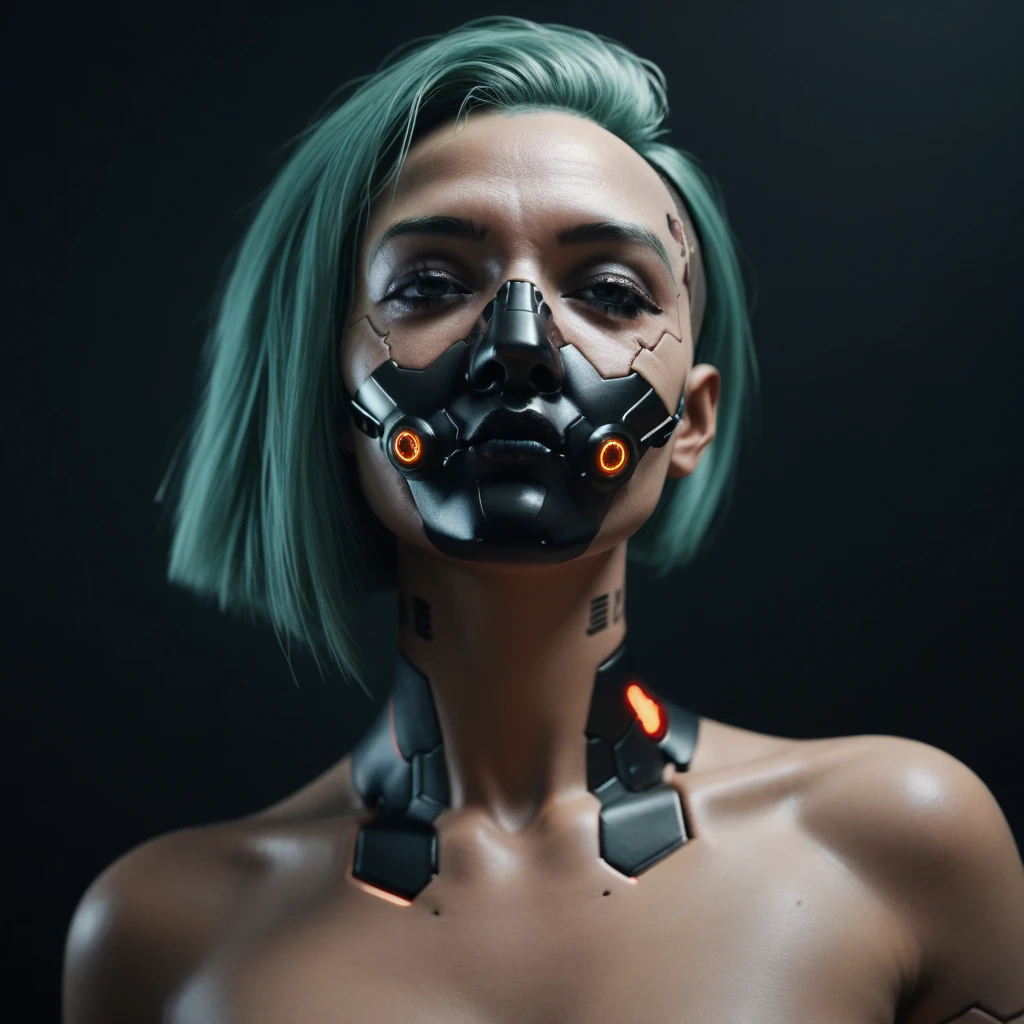 arafed woman with a mask and a metal headpiece, cyberpunk face, beautiful cyberpunk girl face, cybernetic machine female face, hyper-realistic cyberpunk style, wojtek fus, cyberpunk style ， hyperrealistic, cyberpunk horror style, cyborg girl, cyborg - girl, portrait of a cyberpunk cyborg, cyberpunk cyborg, trending on artstation 4k, cyberpunk cyborg wasp