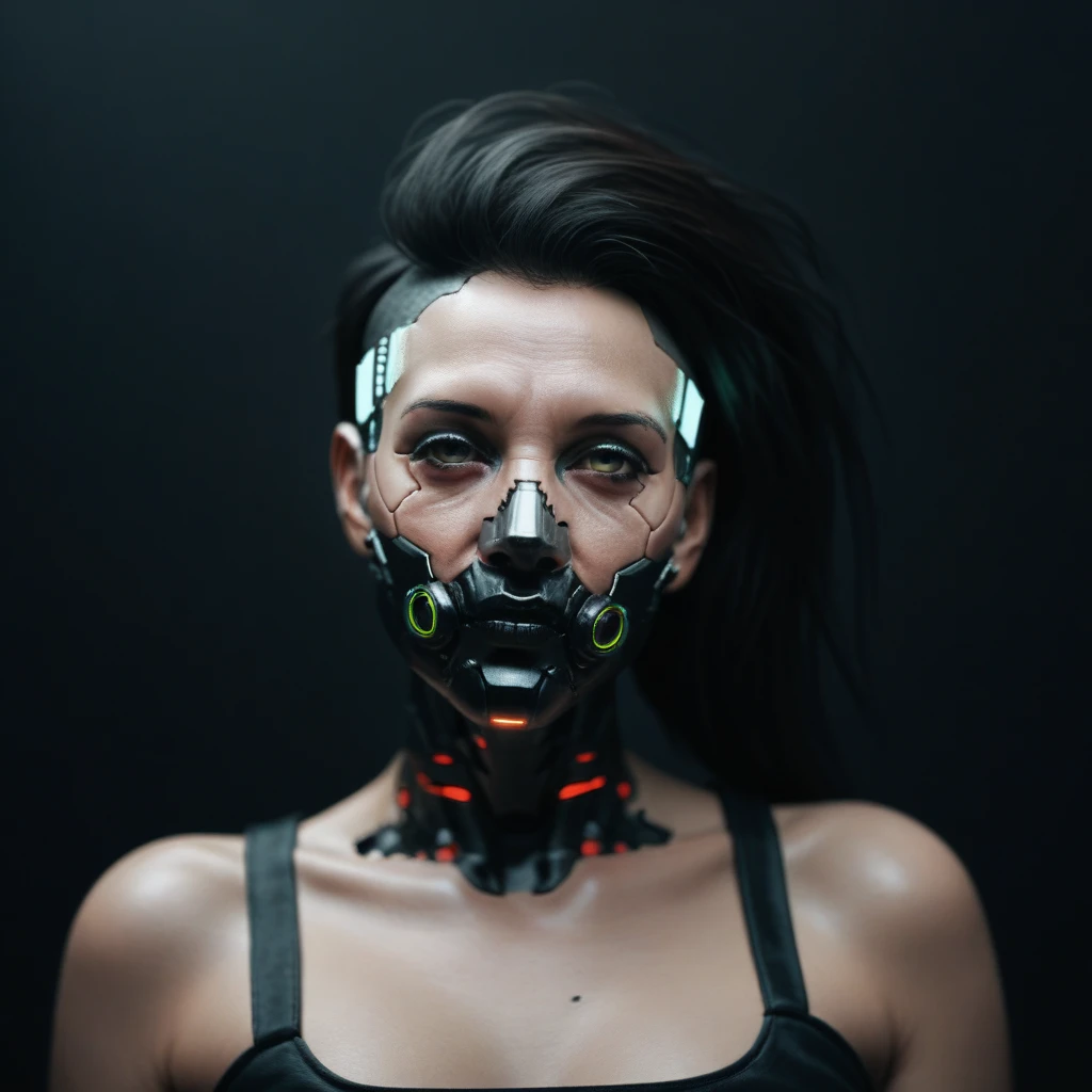 arafed woman with a mask and a metal headpiece, cyberpunk face, beautiful cyberpunk girl face, cybernetic machine female face, hyper-realistic cyberpunk style, wojtek fus, cyberpunk style ， hyperrealistic, cyberpunk horror style, cyborg girl, cyborg - girl, portrait of a cyberpunk cyborg, cyberpunk cyborg, trending on artstation 4k, cyberpunk cyborg wasp