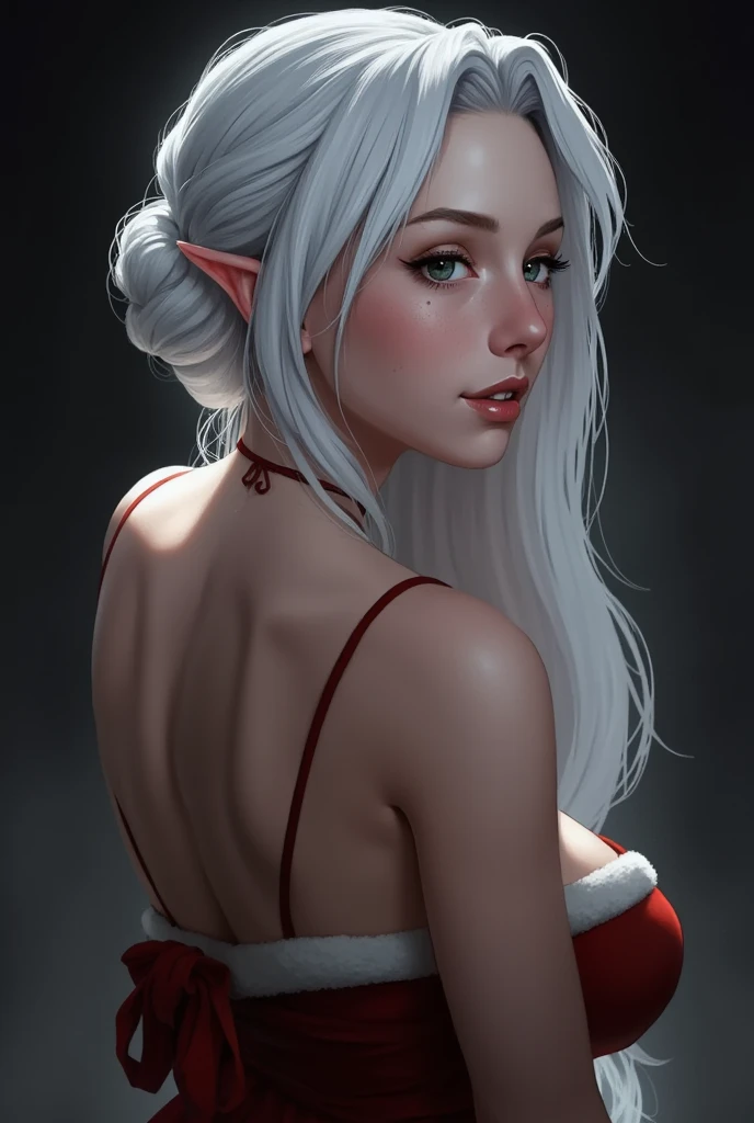 santagirl,(front focus)， (in the dark:1.6)， Hyperrealist portrait of female by david hockney and alphonse mucha， fantasy art， Side profile， backless，photo realistic， dynamic lighting， artstation， poster， volumetric lighting， very detailed faces， 4 k， award winning， 1girl， in the dark， deep shadow， low key， cowboy shot， (official clothing:1.4)， long hair， white hair,