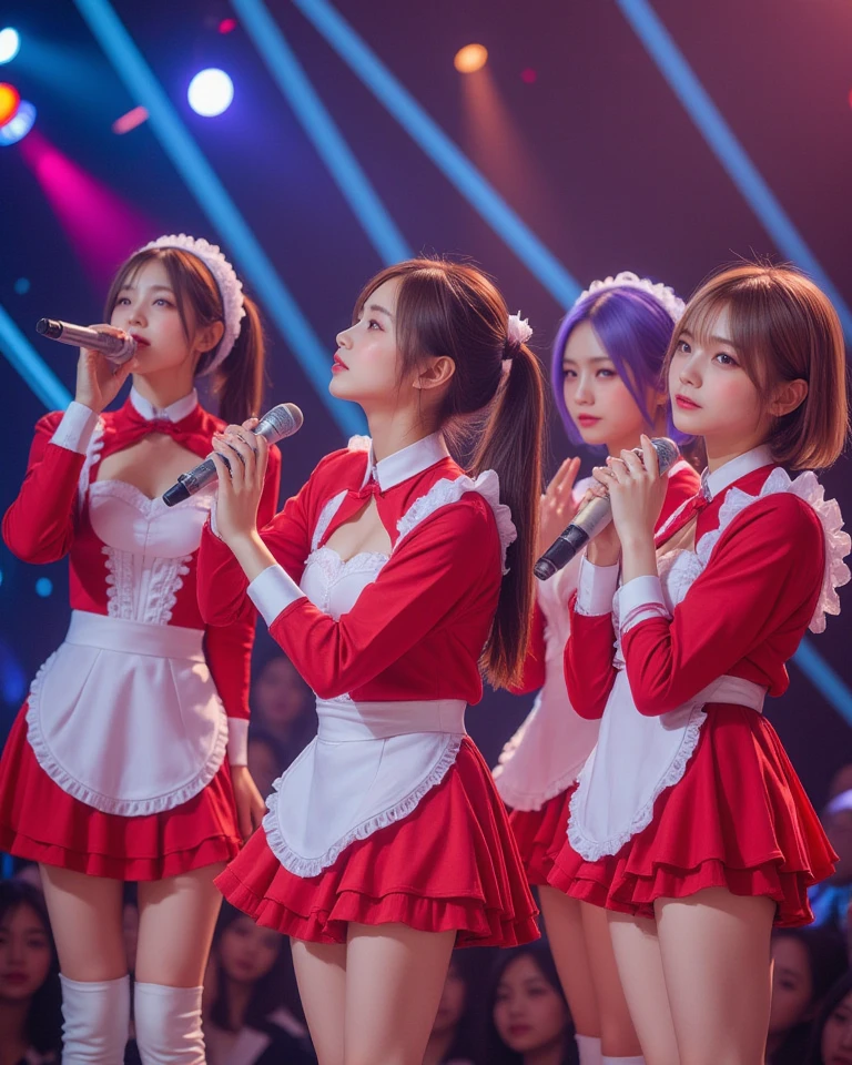 HyperRealistic, ultra detailed, best quality, absolutely resolution, masterpiece, A 5-member idol group is singing at a live show, Vocalize on stage, hold a microphone, red French maid outfit/costume, ribbon, offshoulder, mini skirt, white long sleeve, white Over-the-knee boots
1. black ponytail hair, blunt bangs
2. blonde long straight hair
3. purple medium hair, blunt bangs
4. Blue short hair
5. silver twin tail hair