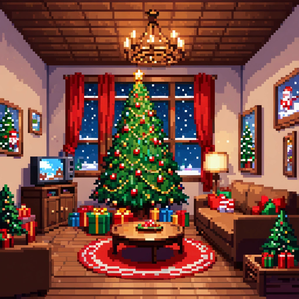  A cozy living room painting ， is full of colorful Christmas gifts ，Christmas tree， Very detailed interior design ，  Lively Colors  ， Pixel Art , Blocks, Pixel Art 风格, 8-bit graphics,   A fantastic and magical atmosphere  ，Soft Light，  Bright Colors  ，Wide-angle field of view，  amazing visual effects  ， Imaginative 