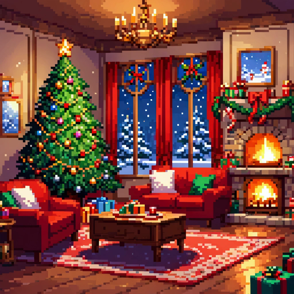  A cozy living room painting ， is full of colorful Christmas gifts ，Christmas tree， Very detailed interior design ，  Lively Colors  ， Pixel Art , Blocks, Pixel Art 风格, 8-bit graphics,   A fantastic and magical atmosphere  ，Soft Light，  Bright Colors  ，Wide-angle field of view，  amazing visual effects  ， Imaginative 