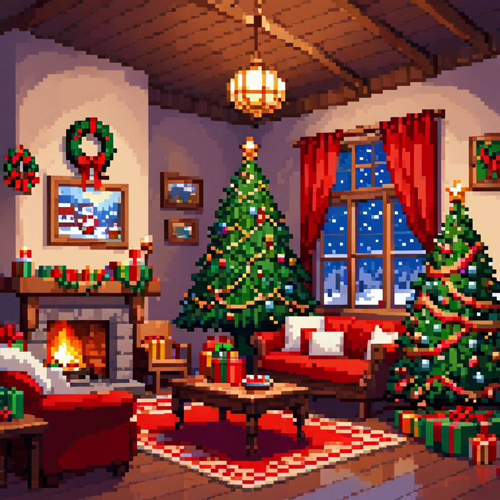  A cozy living room painting ， is full of colorful Christmas gifts ，Christmas tree， Very detailed interior design ，  Lively Colors  ， Pixel Art , Blocks, Pixel Art 风格, 8-bit graphics,   A fantastic and magical atmosphere  ，Soft Light，  Bright Colors  ，Wide-angle field of view，  amazing visual effects  ， Imaginative 