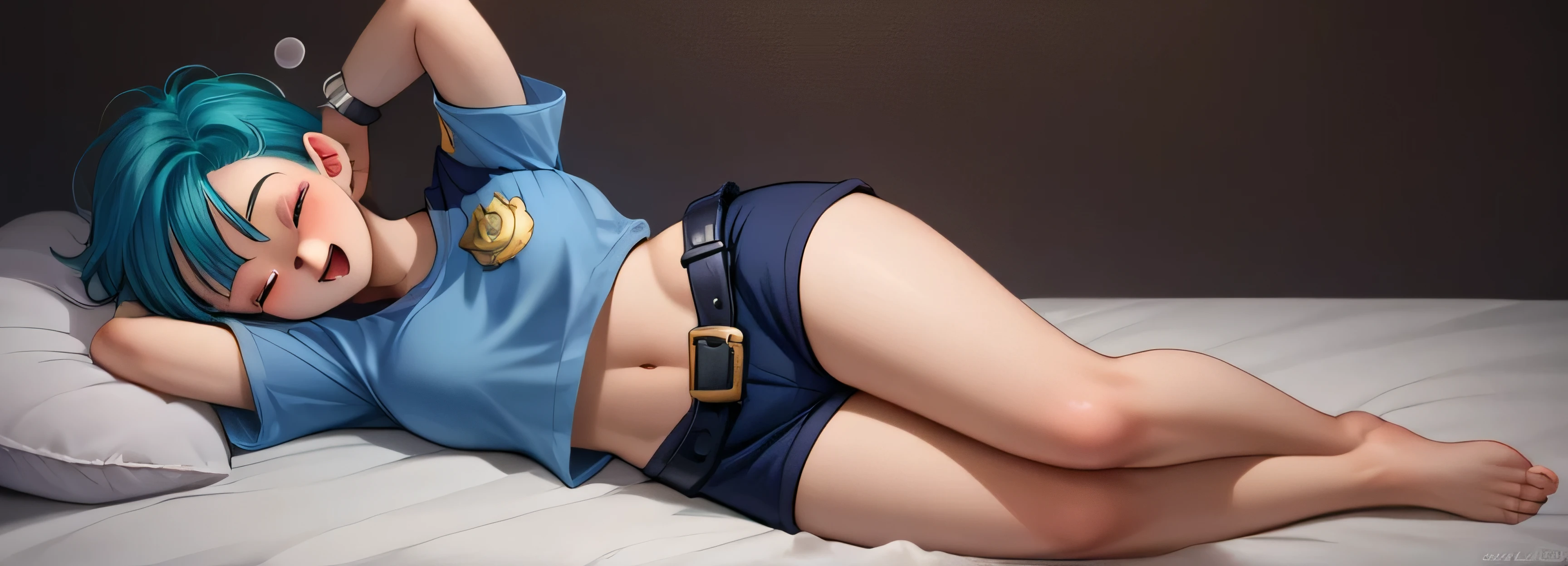 Bulma de dragón ball z police officers, black short sleeve police shirt,Black super shorts ,black police belt , black short boots , Wrist Watch ,Navel exposed,Drunk,hiccup, Full Body Shot , open your eyes, lying on the bed in a sexy pose, super high resolution,24K