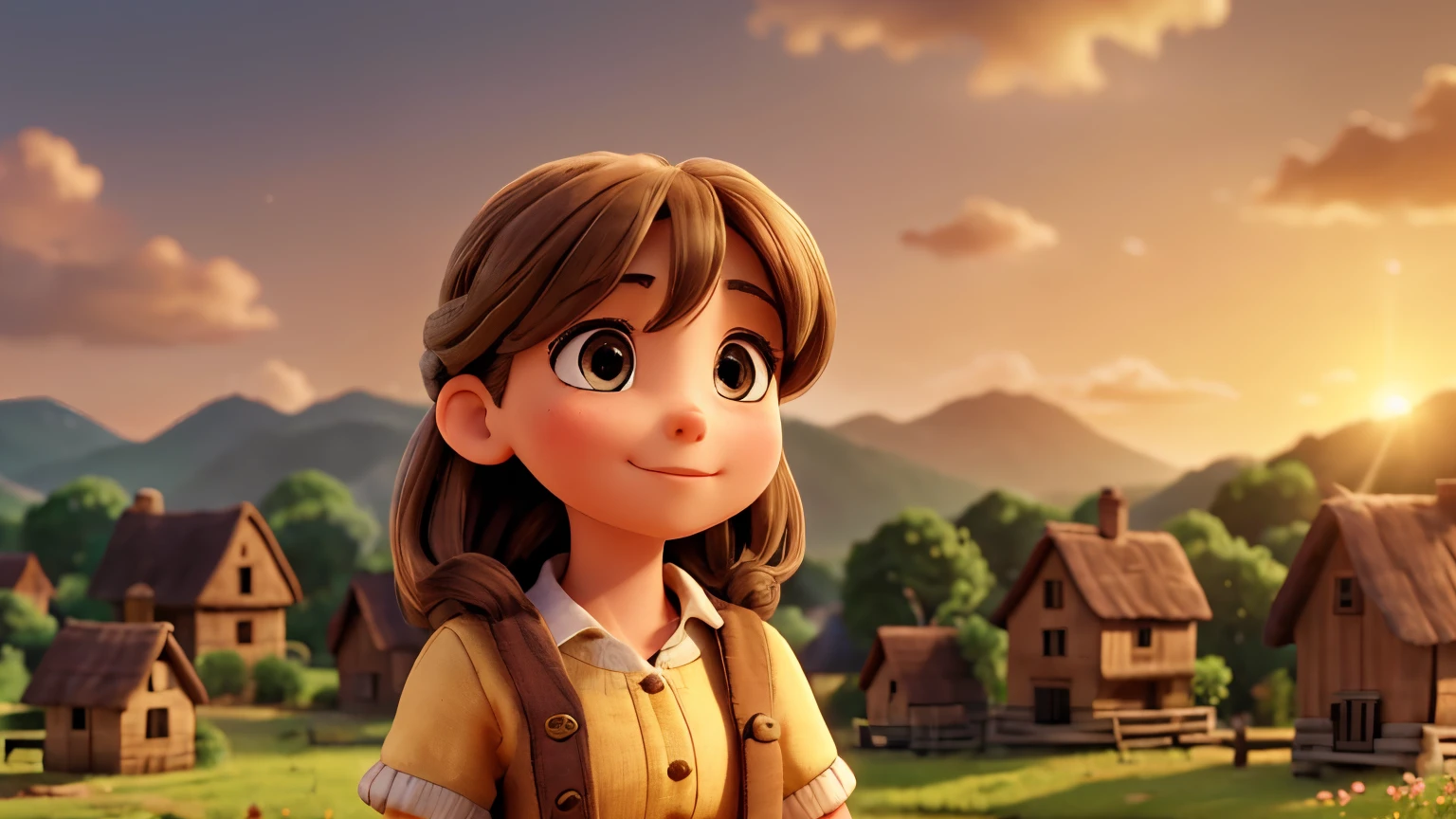 a beautiful and smiling little girl, in a small farm with animals, in the countryside, spring day, pixar style, hyper realistic, cinema 4d, unreal engine 5