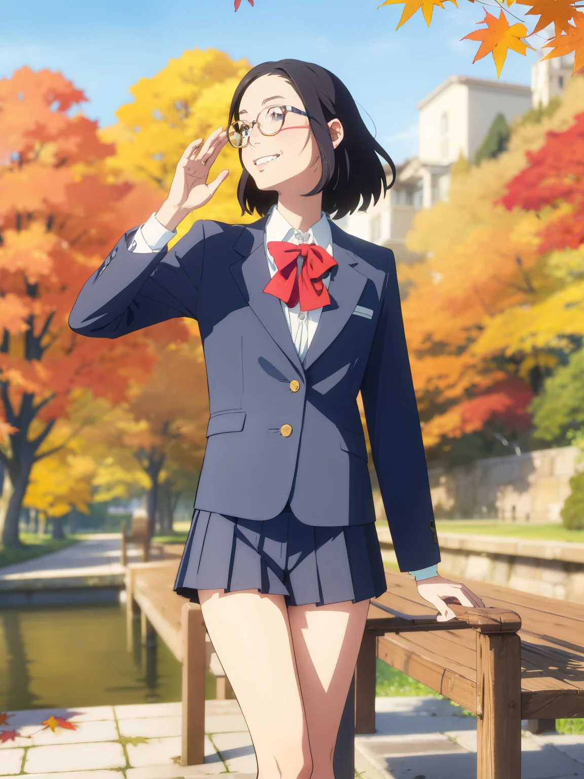 ( super flat， flat shading )， young girl，baby face， Figure Temptation， very small flat breasts ，    my breasts are very flat and bulging ， very thin limbs，    thin thighs    ，Short legs，long sleeve uniform:1.2，Name tag on chest，     standing on a chair wearing a short pleated skirt ， down jacket， on the way home from the riverside in fall ， fall foliage，，Pee stains:1.2，Glasses，smile， I'm a little shy ，Autumn blue sky，    bright    ，   low angle，    bright    色，watercolor， Ghibli style，   personal々  accurate and detailed seduction of a woman's fingers    ，