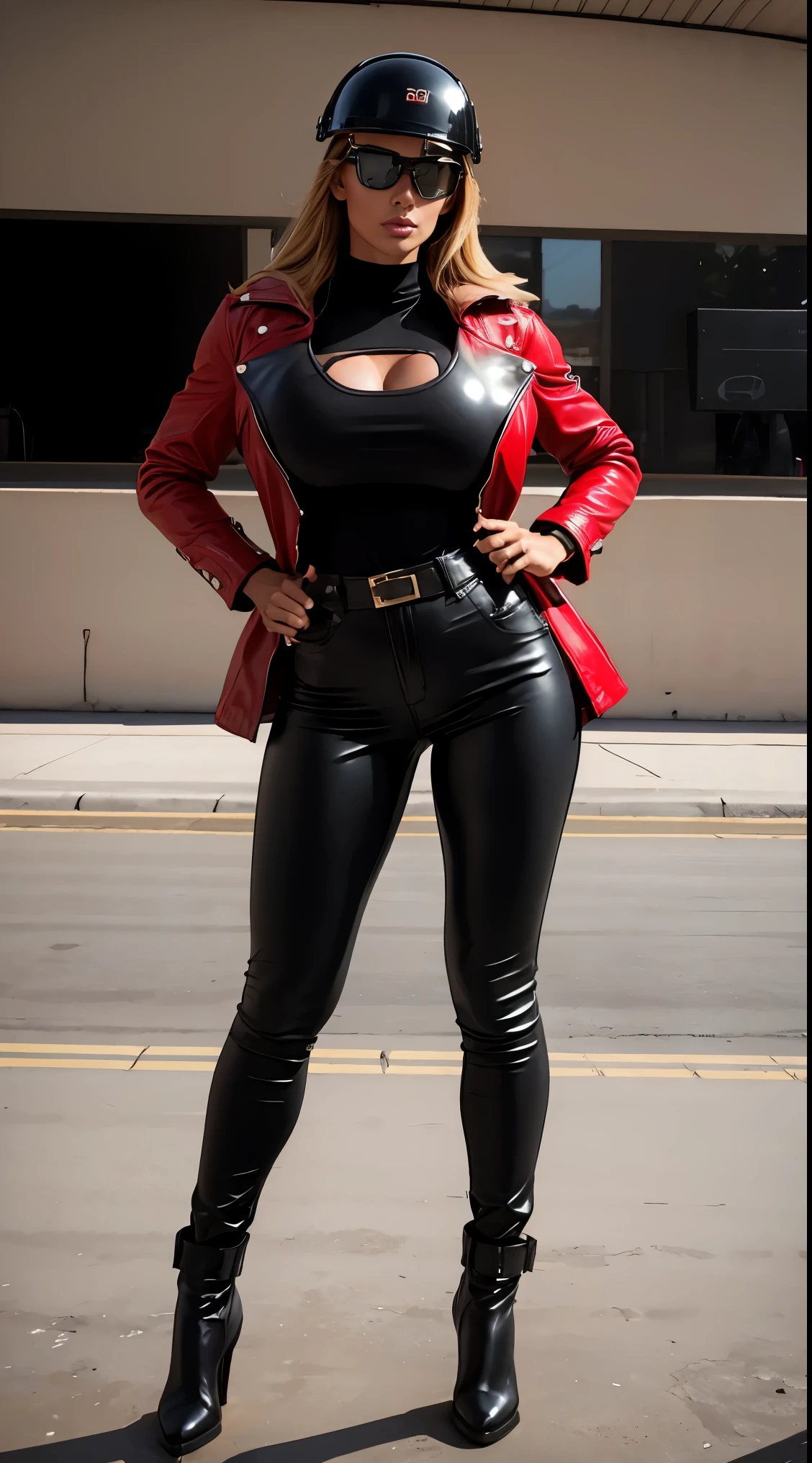 Sexy,Female Breasts,red leather coat,Black T-shirt,Black leather trousers,sports,run,sunglasses,military helmet, NSFW