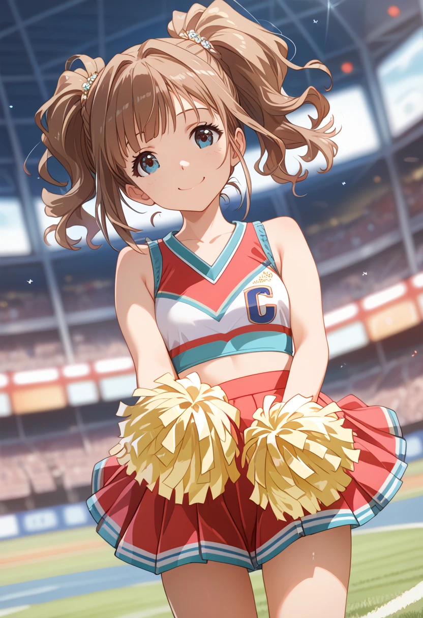  cheerleader, small smile , cheerleading, cheerleader uniform, (((masterpiece))), ((( top quality ))), (( ULTRA DETAIL)), ( illustrations), (( Very Delicate and Beautiful )),(Bokeh,Blurred Background),(Best Shadow),  One girl , white panties, Brown Hair, Cute,cute,change,  Shiny Highlight Spots Above Eyes,  character focus, head tilt ,