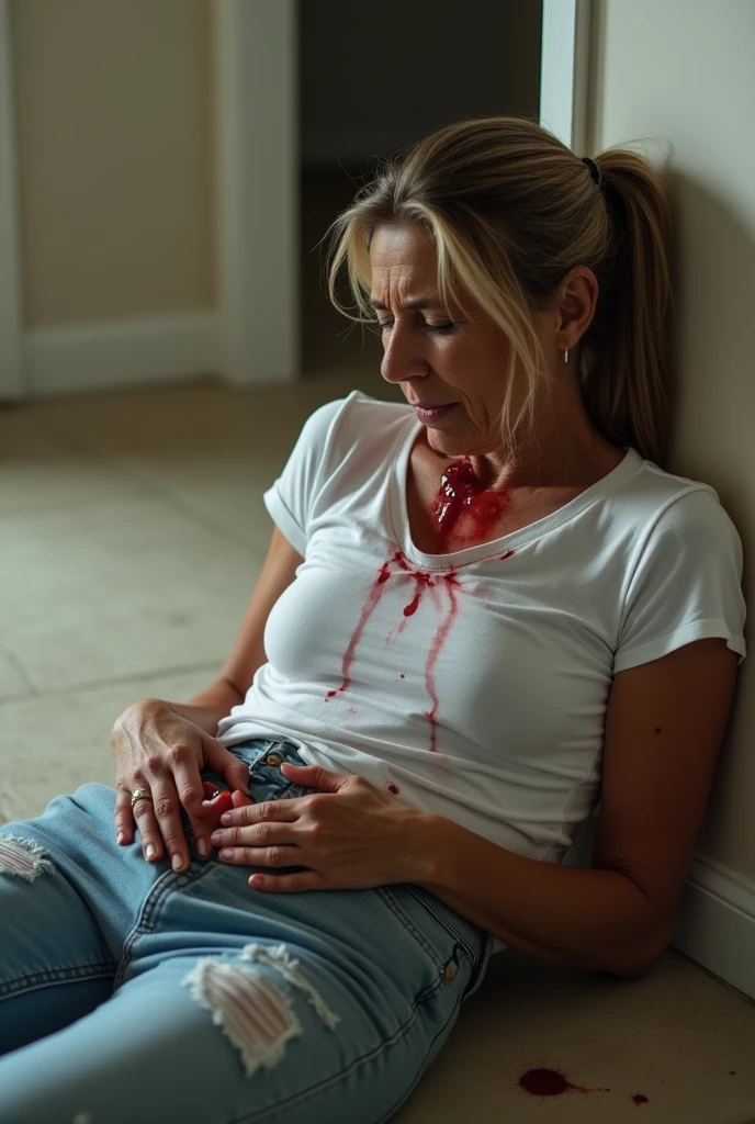 short blonde haire. She has an hourglass figure, massive breasts. ,Wide hips (implants), Prominent buttocks (implants). She's fully clothed, not naked or topless.
female teacher
on her knees
angry, mouth open
view from above
in the street
wearing red sweater
casual jeans
white sneakers
hair in a ponytail
backpack lying next to her
sperm stains
sperm spots
sperm on these clothes
cum stains
cum spots
cum on these clothes