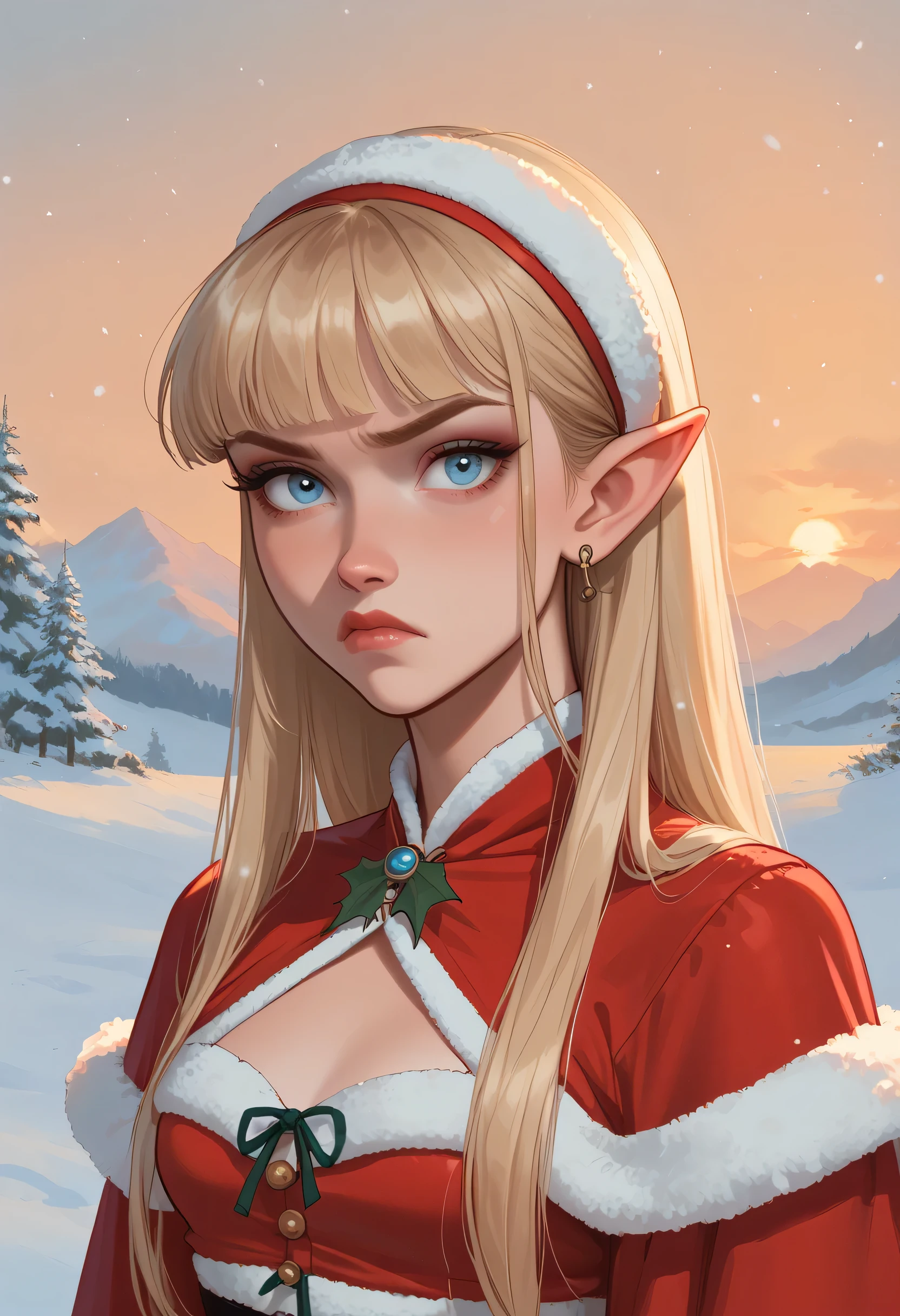 1girl, annoyed expression, (light blue brillant eyes), EARRINGS, pointed ears, rubor, makeup, (Santa Claus cropped top, small breast) BLONDE HAIR, hime cut, looking at viewer, Snow and cold, (Sunset:1.4), portrait. score_9, score_8_up, score_7_up. 