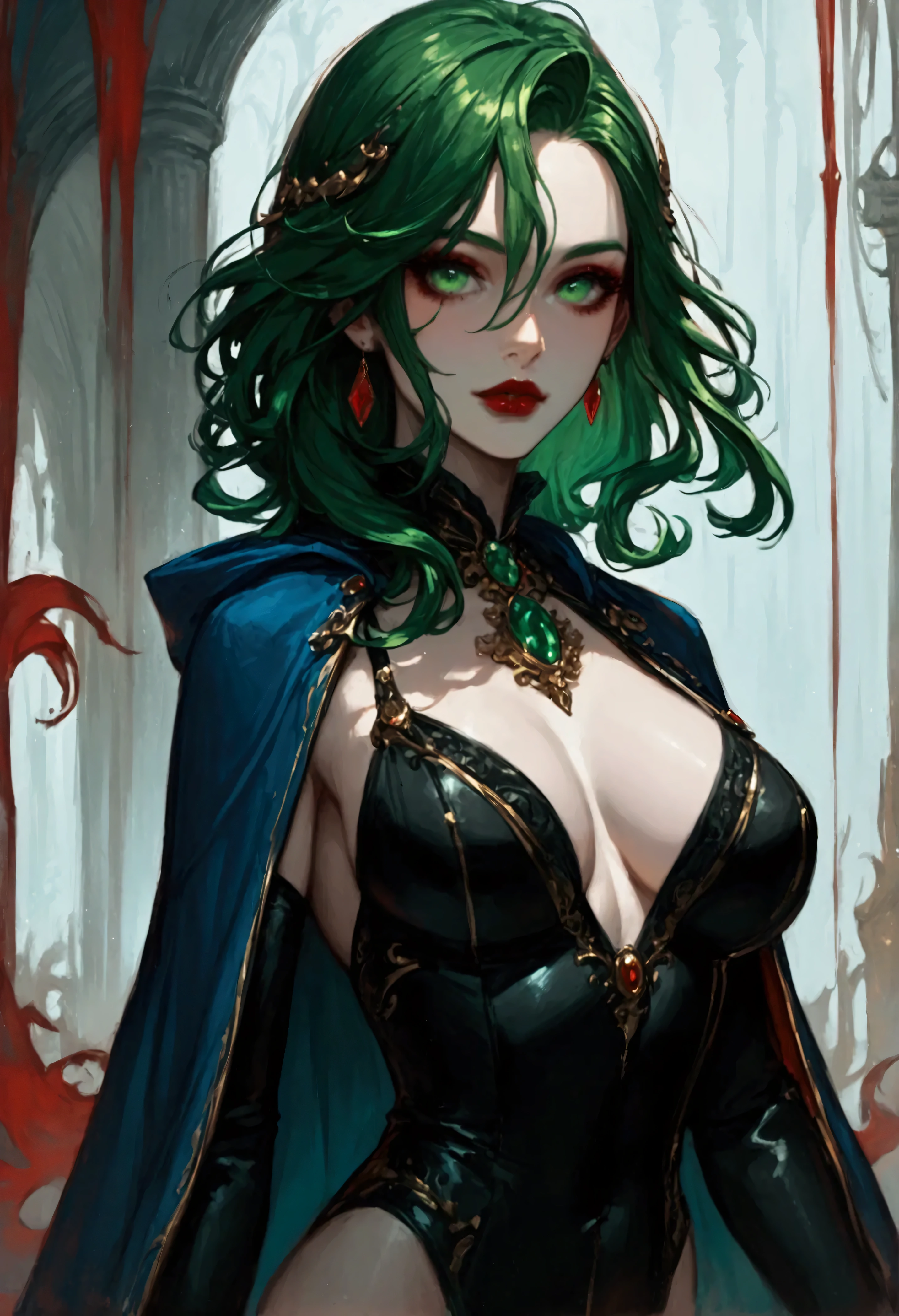 score_9, score_8_up, score_7_up, score_6_up, score_5_up, score_4_up, Arafed, a portrait of an vampire woman, drpping blood, exotic beauty, long hair, dynamic  hair color, (emerald green eyes), dark red lips, glamour shot, she wears an (black: 1.3) elegant suit, (blue cloak: 1.3), high heel boots, full body shot, 16k, ultra detailed, masterpiece, best quality, (extremely detailed), arafed, dnd art Cinematic Shot