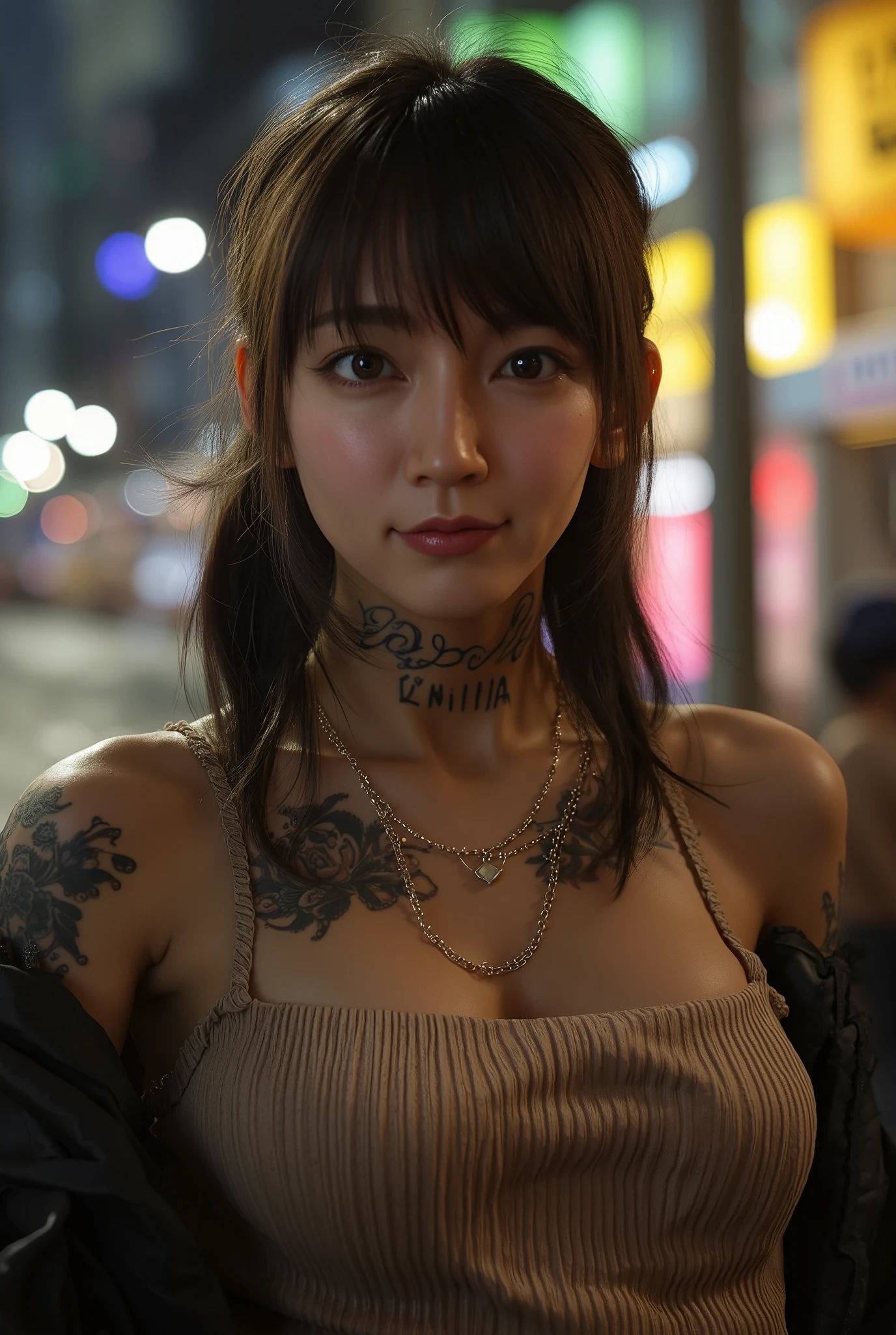 women, arm tattoo, portrait, asymmetrical fringe, bandaid, breasts, slim, petite, short hair, bangs, flirty, moaning, bikini, a-cup breasts, smiling, tiny breasts, gray eyes, looking at the viewer, neck tattoo, nose piercing, solo, tattoo on face, upper body, detailed background, city, alley, street, photorealistic, photo, masterpiece, realistic, realism, photorealism, high contrast, photorealistic digital art trend on Artstation 8k HD high definition detailed realistic, detailed, skin texture, hyper detailed, realistic skin texture, armor, best quality, ultra high resolution, (photorealistic: 1.4), high resolution, detailed, raw photo, sharp re, by lee jeffries nikon d850 film photography 4 camera kodak portra 400 lens f1.6 rich colors hyper realistic dramatic realistic texture irrealengine lighting trends on artstation cinestill 800,full body