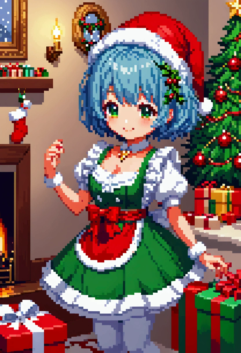  A cozy living room painting ， is full of colorful Christmas gifts ，Christmas tree， Very detailed interior design ，  Lively Colors  ， Pixel Art , Blocks,  Pixel Art 风格, 8-bit graphics, Anime Girl， Santa hat，Messy blue short hair  ，  blush，  Charming Smile ， red and green christmas maid outfit ，Hair accessories，necklace，  A fantastic and magical atmosphere  ，Soft Light，  Bright Colors  ，Wide-angle field of view，  amazing visual effects  ， Imaginative 