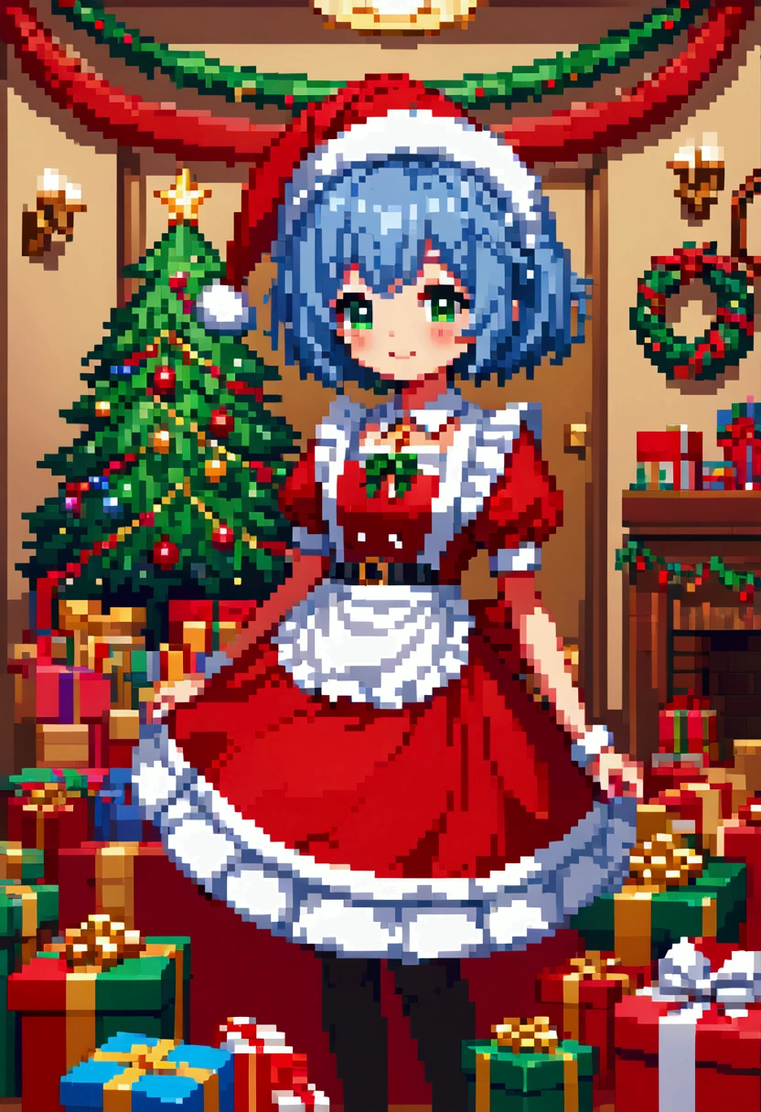  A cozy living room painting ， is full of colorful Christmas gifts ，Christmas tree， Very detailed interior design ，  Lively Colors  ， Pixel Art , Blocks,  Pixel Art 风格, 8-bit graphics, Anime Girl， Santa hat，Messy blue short hair  ，  blush，  Charming Smile ， red and green christmas maid outfit ，Hair accessories，necklace，  A fantastic and magical atmosphere  ，Soft Light，  Bright Colors  ，Wide-angle field of view，  amazing visual effects  ， Imaginative 