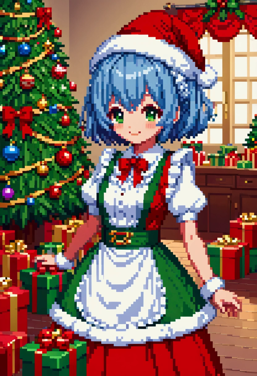  A cozy living room painting ， is full of colorful Christmas gifts ，Christmas tree， Very detailed interior design ，  Lively Colors  ， Pixel Art , Blocks,  Pixel Art 风格, 8-bit graphics, Anime Girl， Santa hat，Messy blue short hair  ，  blush，  Charming Smile ， red and green christmas maid outfit ，Hair accessories，necklace，  A fantastic and magical atmosphere  ，Soft Light，  Bright Colors  ，Wide-angle field of view，  amazing visual effects  ， Imaginative 