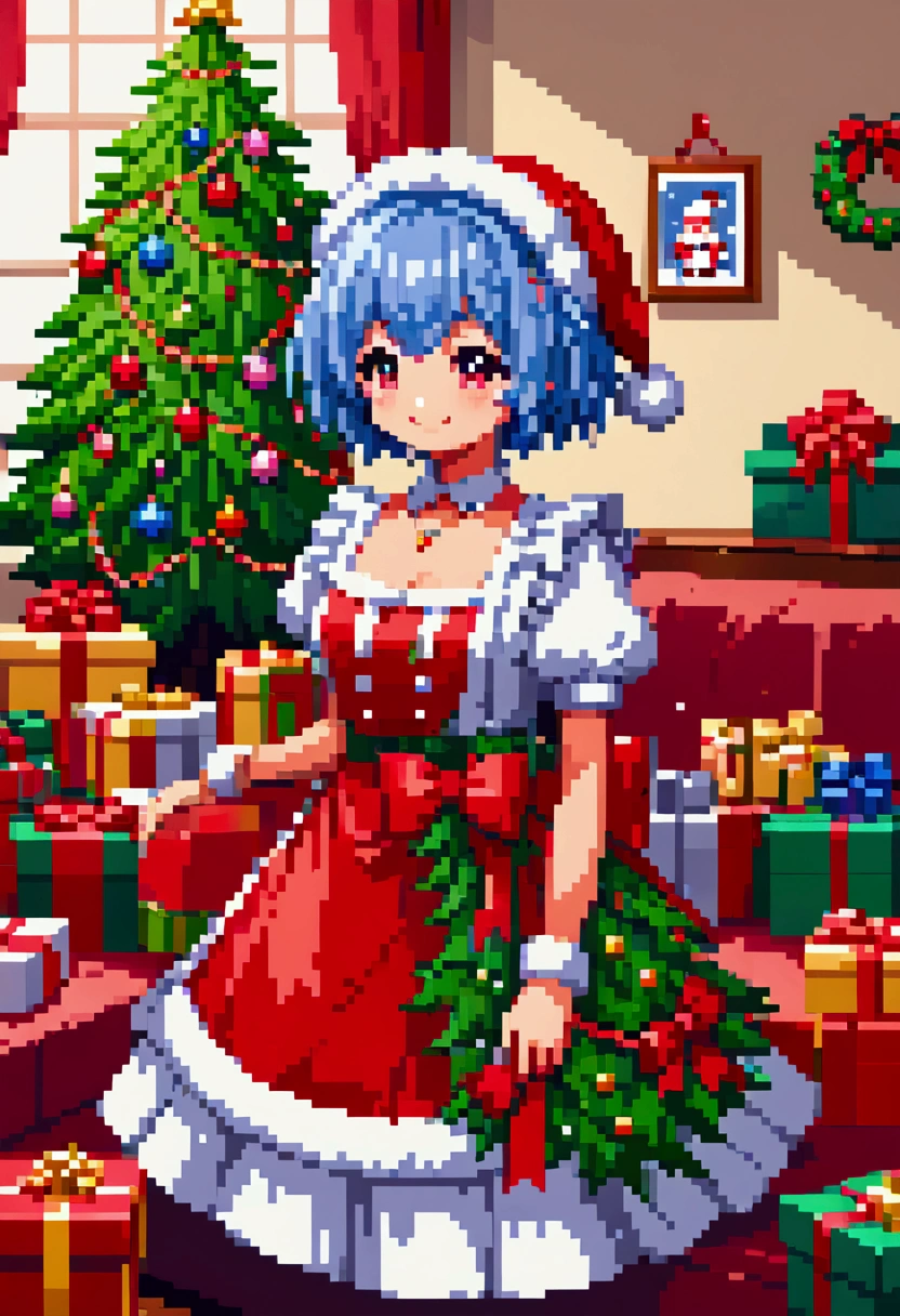  A cozy living room painting ， is full of colorful Christmas gifts ，Christmas tree， Very detailed interior design ，  Lively Colors  ， Pixel Art , Blocks,  Pixel Art 风格, 8-bit graphics, Anime Girl， Santa hat，Messy blue short hair  ，  blush，  Charming Smile ， red and green christmas maid outfit ，Hair accessories，necklace，  A fantastic and magical atmosphere  ，Soft Light，  Bright Colors  ，Wide-angle field of view，  amazing visual effects  ， Imaginative 