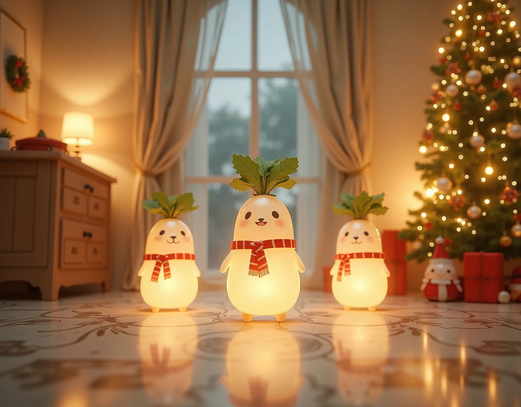 (masterpiece:1.2,Exceptional Quality,Mirror-like, cinematic experience ),8k,(wallpaper),( ray tracing to Christmas),(Christmas Decorated Interior ),( Translucent indirect lighting of daikon-shaped mascot characters wearing Christmas costumes:2.0),( light up:2.0),(Warm Light:2.0),(Healing:2.0), Very simple design ,(From below:2.0)