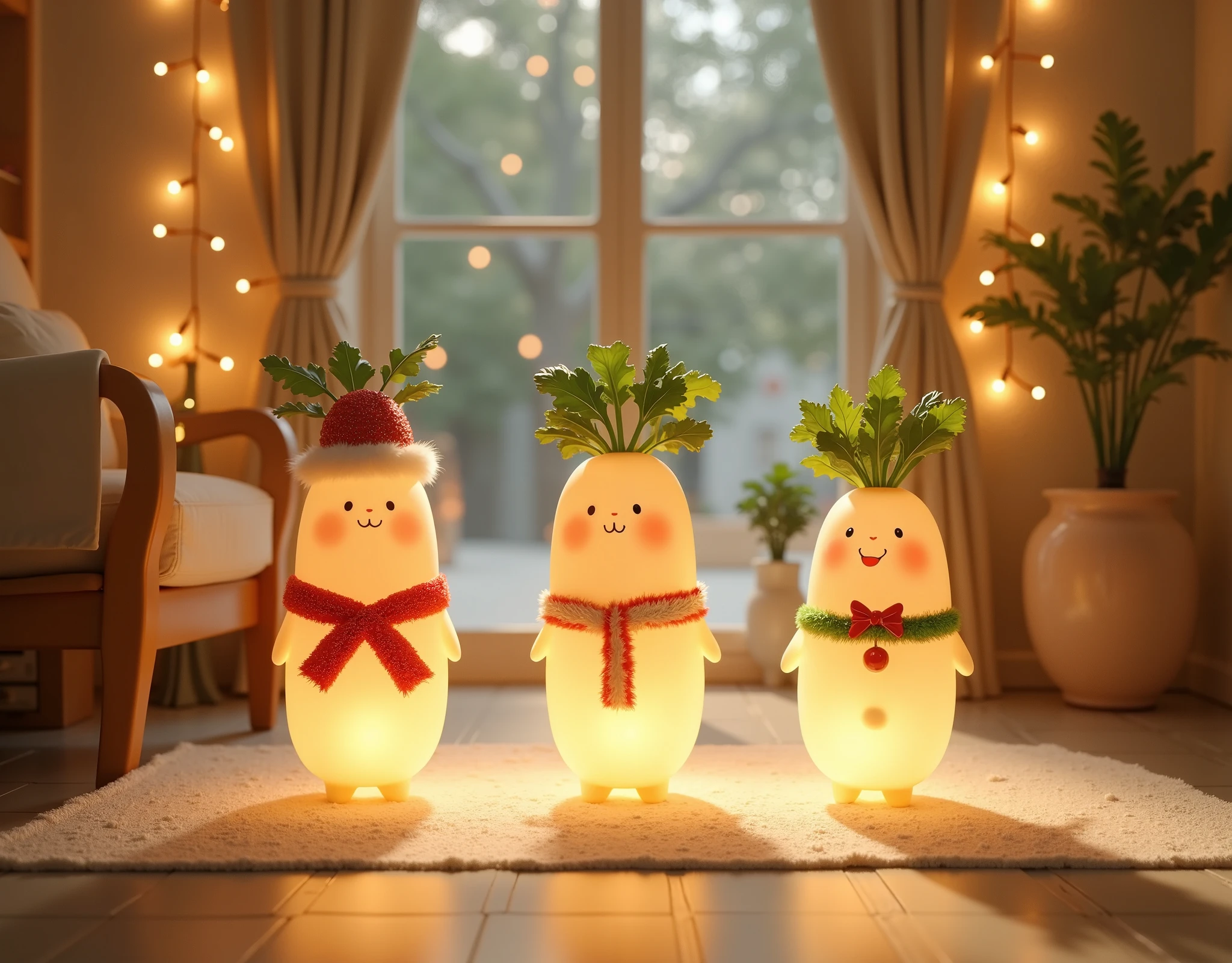 (masterpiece:1.2,Exceptional Quality,Mirror-like, cinematic experience ),8k,(wallpaper),( ray tracing to Christmas),(Christmas Decorated Interior ),( Translucent indirect lighting of daikon-shaped mascot characters wearing Christmas costumes:2.0),( light up:2.0),(Warm Light:2.0),(Healing:2.0), Very simple design ,(From below:2.0)