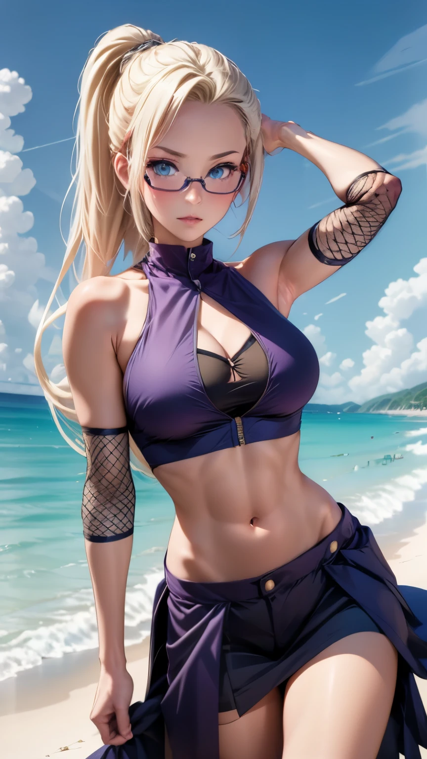 Ino Yamanaka, anime naruto, alone,  high resolution,   long hair,  breasts ,  big breasts,  glasses on the head,  The best quality,  beach background 