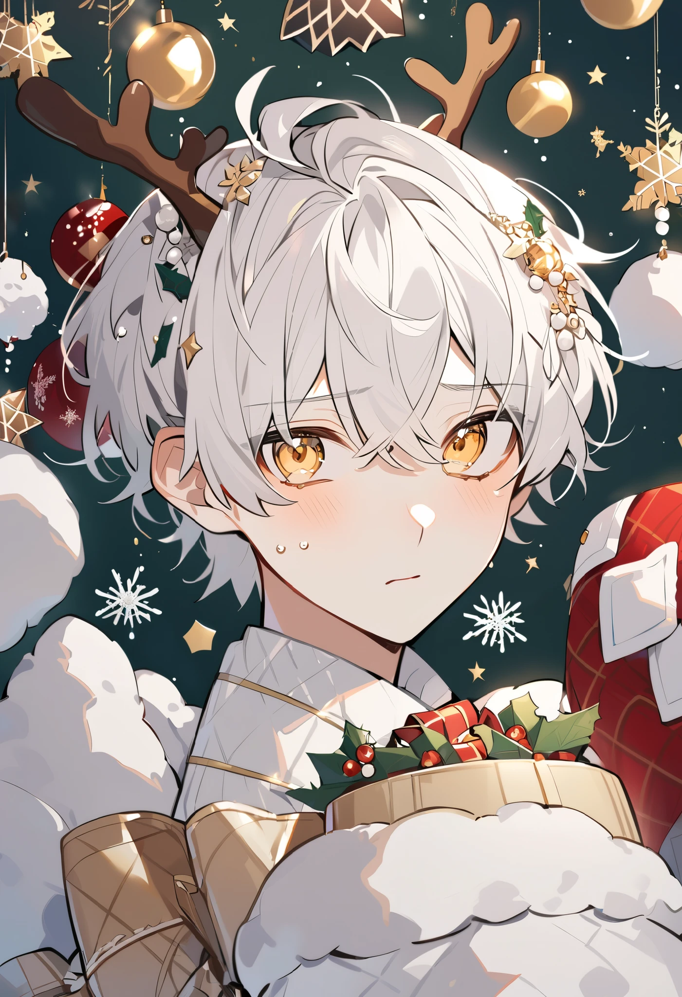 Handsome, solo , 1 Boy , short hair, golden eyes, white hair( fashion hairstyle ), Reindeer , antlers, Christmas Element,Give gifts , Arrogant Shy Emotions