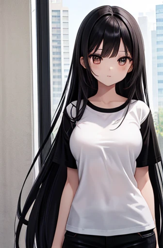 Character Details:, - Gender: 1 Girl. - Style: Anime, - Body Type: Attractive body, slim body, nice leg, slim tights, nice arms, nice shoulder., - Breast: Small Breast, Cleavage - Facial Features: Beautiful, Gorgeous, Teenager, Fresh, Young. - Expression: Smile, Pink Blush on Face, Sexy Eyes, Sexy Look, Innocent Look., - Hairstyle: Blunt Bangs, Long Hair., - Hair Color: Grey Hair. - Clothing: White Shirt, Black Short Skirt, Stocking., - Body Pose: Standing Pose - Hand Pose: Hands on Hip - Behaviour: Waiting, Want Something, Secretly. - Accessories: Earrings., Environmental Details:, - Setting: Office Room., - Lighting: Natural Light., - Decoration: Modern Office Desk, Chair, Window, White Curtain, City View., pov, anime style, UHD, retina, masterpiece, accurate, anatomically correct, textured skin, super detail, high details, high quality, award-winning, best quality, high-res, HD, HD, 4K, 8k, 16k