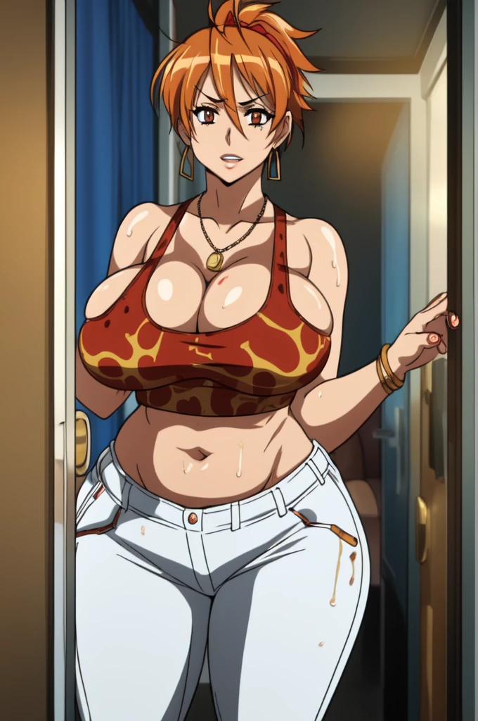 Rei miyamoto,tall body, tall, long legs, mature female, mature, adult, eft_hotd_orange, ((1girl)), ((solo)), orange hair, brown eyes,Big breasts, enormous large breasts, big cleavage, ((loose black tank top with cleavage and open navel)),black thong,Thick lips,Make up,((Eyeshadow)),red lips,((blue drob bar earring)),((Gold chained dog tag necklace)),1girl,Solo,Golden bracelet,curvy figure,Light blush,Half eyes expression,Long messy hair,Gaze on viewer,((dishelved long messy hair)),colored Long nail,in love expression,Gaze on viewer,seductive and flirty,Spouty lips,Tattto,Close mouth,Short hair,Mix of happiness and sadness expression,Red hairtie,opening apartment door