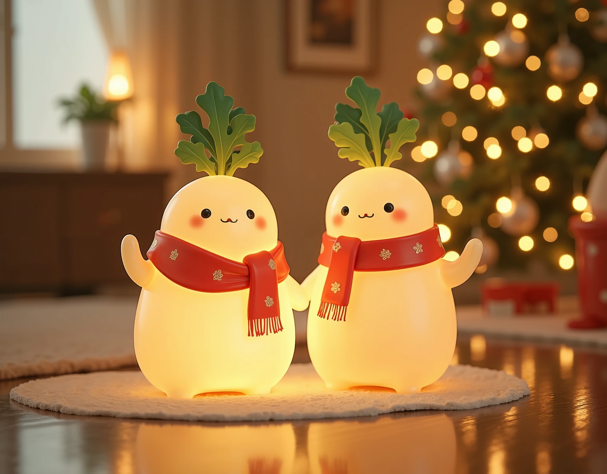 (masterpiece:1.2,Exceptional Quality,Mirror-like, cinematic experience ),8k,(wallpaper),( ray tracing to Christmas),(Christmas Decorated Interior ),( Translucent indirect lighting of daikon-shaped mascot characters wearing Christmas costumes:2.0),( light up:2.0),(Warm Light:2.0),(Healing:2.0), Very simple design ,(From below:2.0)