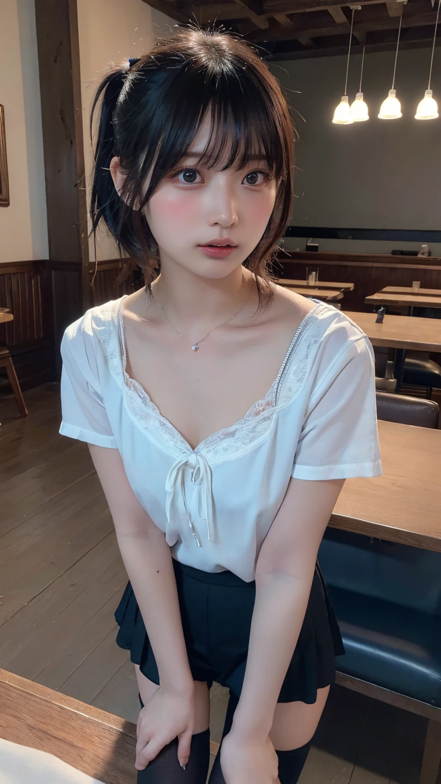 1 Girl ,Highest quality, Ultra-high resolution, Highly detailed skin, Physically Based Rendering, Small breasts, Flat Chest, Down blouse,(20 year old Japanese student, Decorative fine bra , Overlap short sleeve blouse, Small breasts, Sensual ),Sitting,  Crouching on the train, short hair, necklace ,close,From top left ,Focus on the chest ,High brightness 