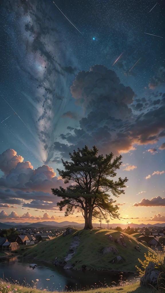 view from below with a view of the  sky and the wilderness below,  tree ,  cloud, landscape,  outdoor, A gram,  sunset , Star \( sky\), flores, Starry  sky,  cloudy  sky, without humans, twilight, nature, wind,  masterpiece ,  best quality,  very aesthetic , absurdities