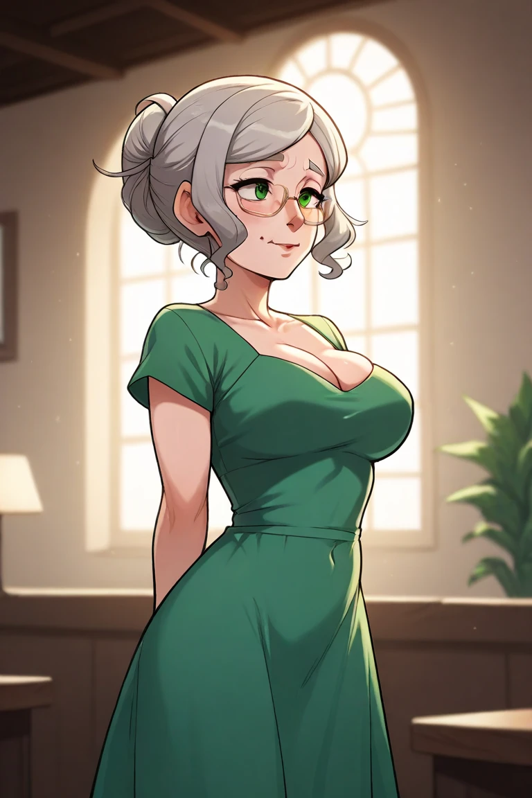 old woman in a green dress with big breasts