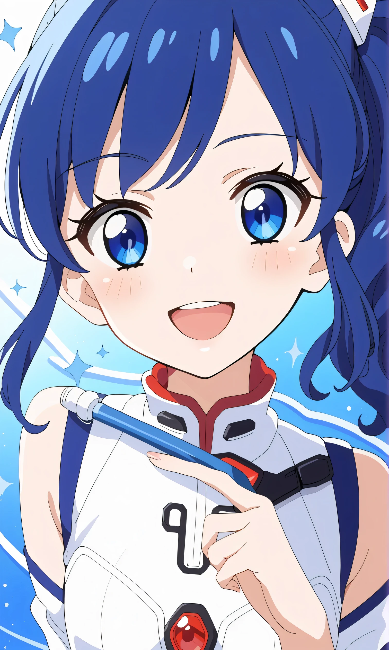 Aikatsu, Aoi Kiriya, (overhead view), dynamic angle, super detail, illustration, close-up, straight ahead, 1 girl, (Rei Ayanami, interface headset, blue body suit: 1.4, blue)), Her eyes shone like dreamy stars, (Shining eyes: 1.233), (Beautiful and detailed eyes: 1.1), (No expression), (Standing figure), (Masterpiece, highest quality, super high resolution, Perfect anatomy, very detailed), BREAK, girl 1 person, , blue eyes, side ponytail: 1.8, blue hair, , idol costume, BREAK, (pointing), (full face), , (open mouth), shining eyes, smile, , (white spaceship machine room with tools and spaceship windows), (Night: 1.2), Dreamy, [[Delicate fingers and hands: 0.55]::0.85], (Finger details),