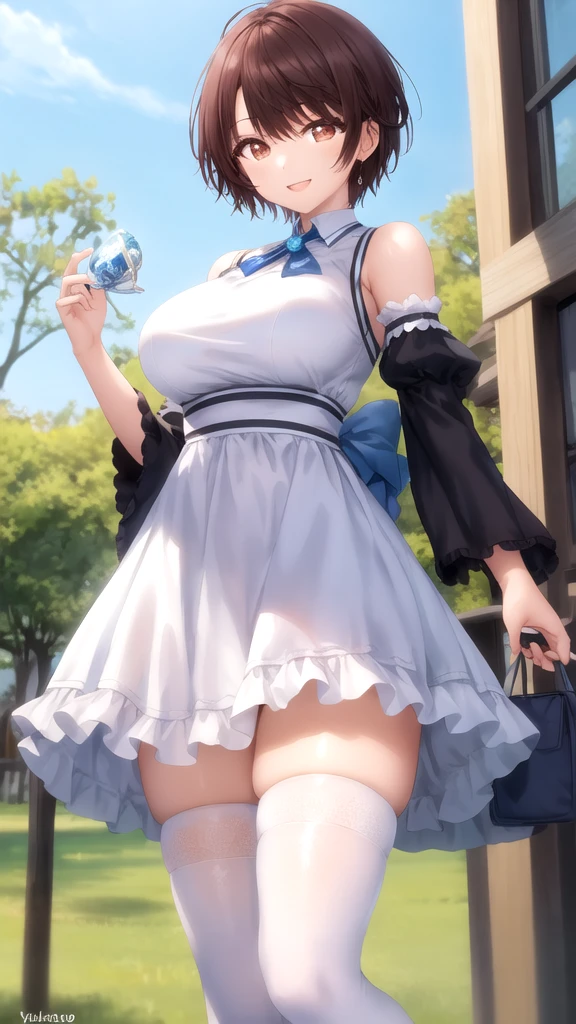 masterpiece, best quality, high quality, girl, solo, looking at viewer, yuuta_kadowaki, large breasts, white dress, detached sleeves, blue thighhighs, standing, cowboy shot, outdoors, smile,