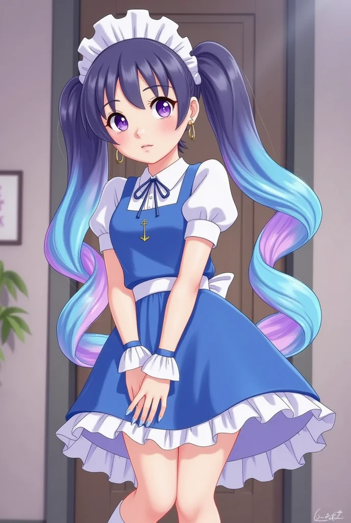 masterpiece, top quality,  nothing ,  One Girl ,   Virtual YouTuber, Minato Akua,  long hair,  multi-colored hair ,  dress,  twin tails, Maidの頭飾り, Inner hair color,   PURPLE EYES, Anchor Symbol,  blue hair, ribbon,  Two Tone Hair , Short sleeve,  braids, Blue  dress, wrist cufflinks, ribbons, bangs, drill hair, blue nails,  Twin Drill, Puffy Short sleeve, ヘアribbon, Purple Hair,  puff sleeve,  ,   ankle cuffs ,  dressのribbon, Maid, Raffle,  nail polish ,  striped hair,  small breasts,  cowboy shot,