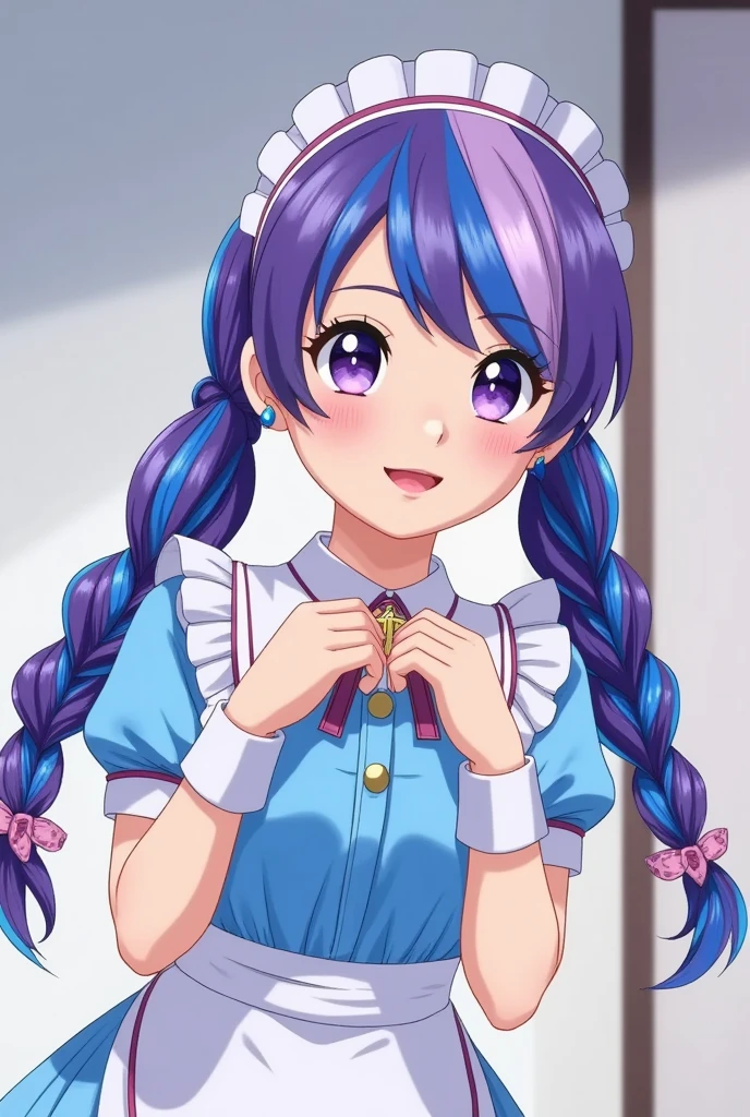 masterpiece, top quality,  nothing ,  One Girl ,   Virtual YouTuber, Minato Akua,  long hair,  multi-colored hair ,  dress,  twin tails, Maidの頭飾り, Inner hair color,   PURPLE EYES, Anchor Symbol,  blue hair, ribbon,  Two Tone Hair , Short sleeve,  braids, Blue  dress, wrist cufflinks, ribbons, bangs, drill hair, blue nails,  Twin Drill, Puffy Short sleeve, ヘアribbon, Purple Hair,  puff sleeve,  ,   ankle cuffs ,  dressのribbon, Maid, Raffle,  nail polish ,  striped hair,  small breasts,  cowboy shot,