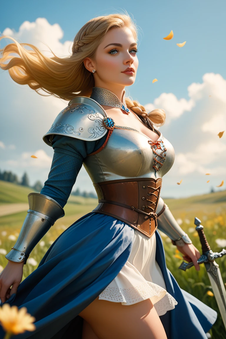 Beautiful 40 year old woman, Blonde with hair in the wind ,  wearing medieval armor from the waist up ,  from the waist down wears a long tight skirt tied to the waist,  big ass,  Wide Hips