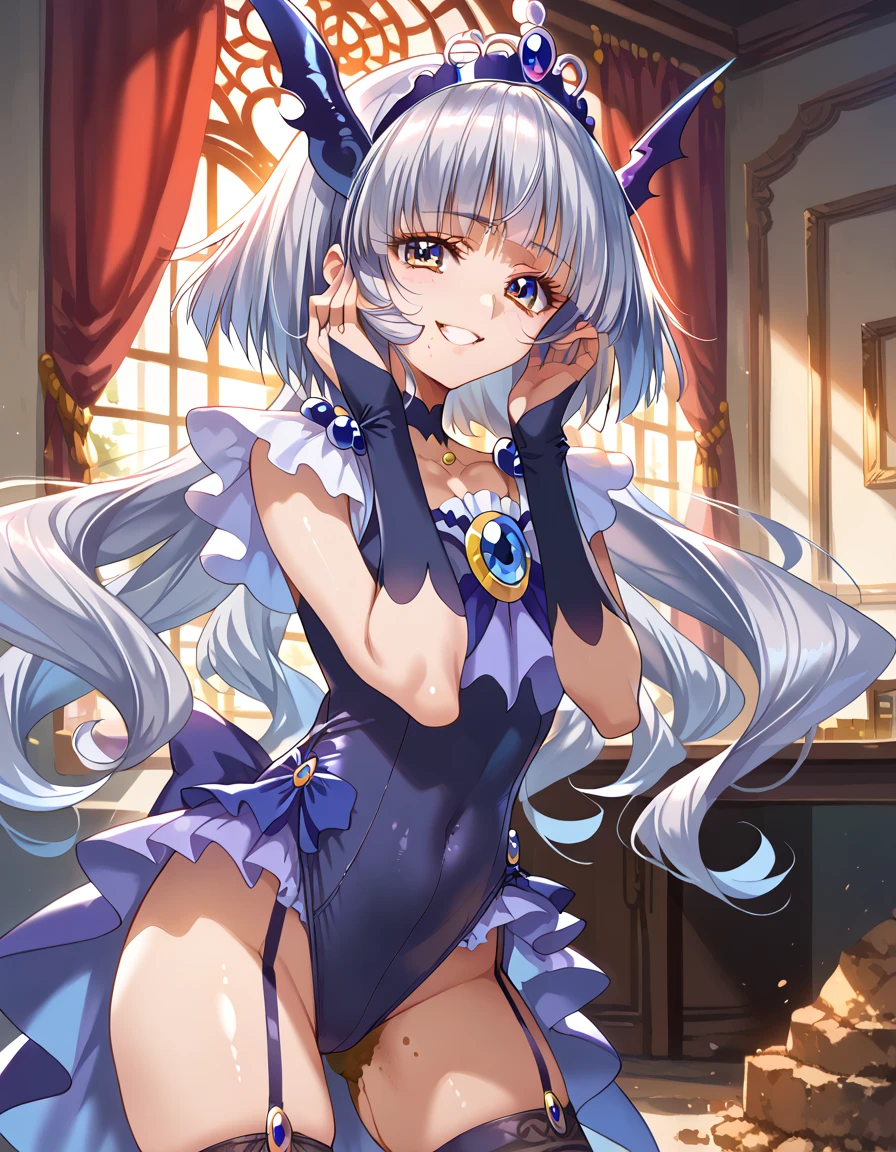   detailed background,  pubic skin ,   pose, rating safe,   Half Open Eyes , enchanting evil smile    , Cure Beauty ,,(   Very beautiful anime style:1.2),(   Silver Hair), cowboy shot, (  Evil Smiles :1.2),(Inside the base:1.6), (shiny evil leotard:1.4,Digging into the crotch:1.1)