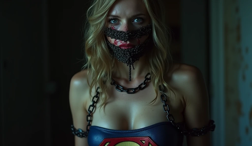 Generates the image of a blonde superheroine with an athletic body, very beaten and defeated. She is chained, wear a mask, Her superhero costume is a little torn and she looks at the camera with a submissive expression.