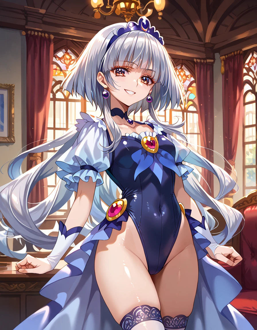   detailed background,  pubic skin ,   pose, rating safe,   Half Open Eyes , enchanting evil smile    , Cure Beauty ,,(   Very beautiful anime style:1.2),(   Silver Hair), cowboy shot, (  Evil Smiles :1.2),(Inside the base:1.6), (shiny evil leotard:1.4,)