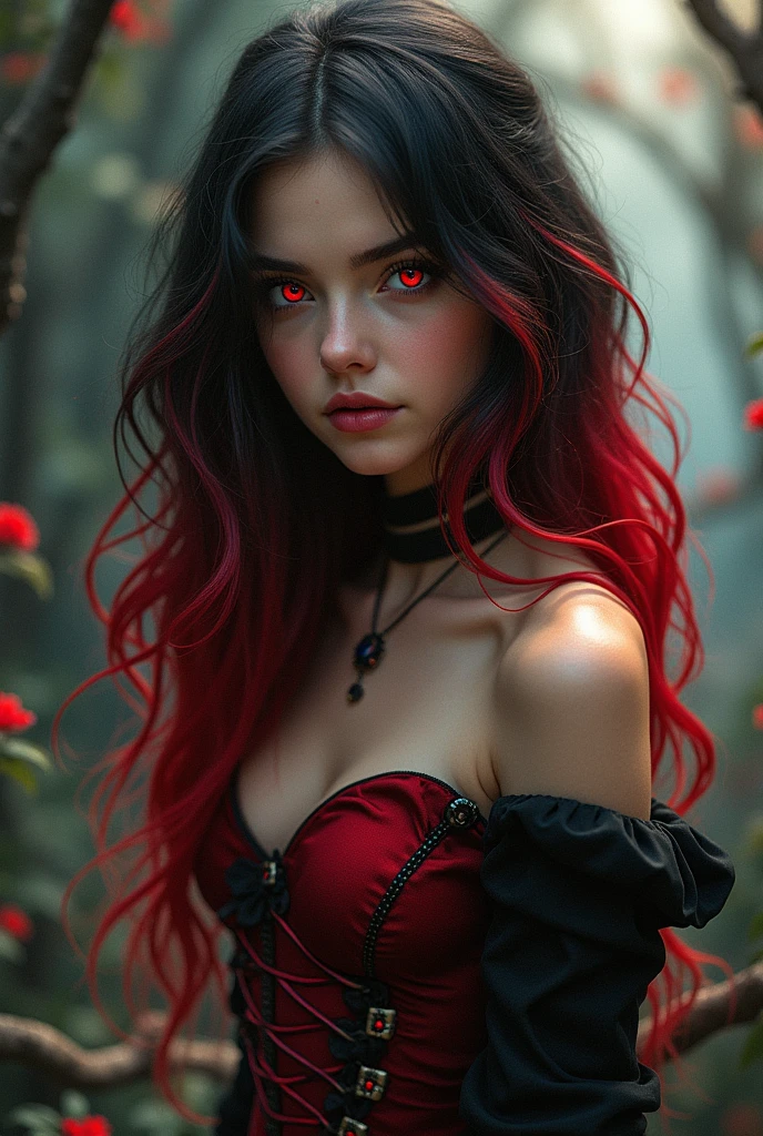 A tall woman with long wine red hair down to her feet, her eyes were black with bright red pupils, she wore few accessories.