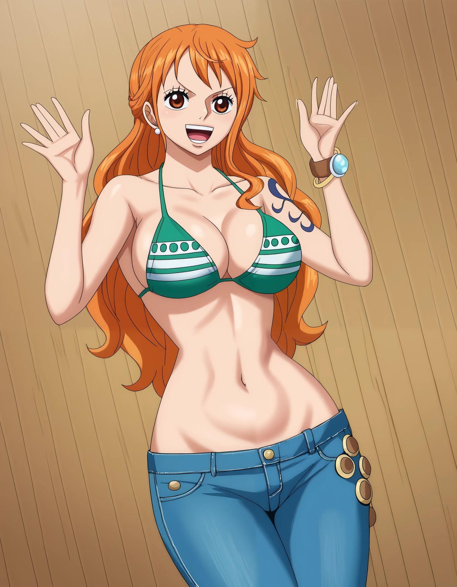 Create a high-resolution, photorealistic image of Nami from One Piece. She has an oval-shaped face with large, expressive light brown eyes, a small nose, and thin lips. Her bright orange hair is long and wavy. Focus on her slim, well-proportioned body, featuring a narrow waist and a prominent chest. Nami is depicted as a tall, slim  girl with sexy hips, slim abs, and pinkish-white, healthy glowing skin. She stands approximately 170 cm tall and bears a Nami tattoo on her left shoulder. The scene should capture her in a half-body pose with a small smile, hands and arms relaxed, blushing cheeks, and free-flowing hair, set against a backdrop of clouds in the sky, smiling at the viewer. The artwork should be of the highest quality, with ultra-detailed, realistic features, including fine facial details, realistic skin texture, and vivid colors, suitable for HDR, UHD, and studio lighting. This prompt is formatted for use with Stable Diffusion without additional punctuation marks.