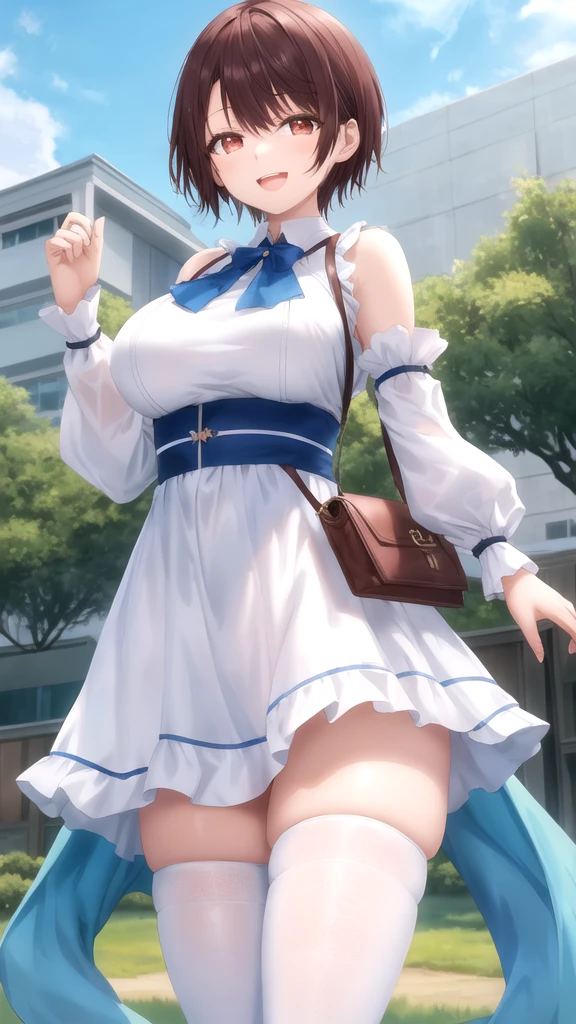 masterpiece, best quality, high quality, girl, solo, looking at viewer, yuuta_kadowaki, large breasts, white dress, detached sleeves, blue thighhighs, standing, cowboy shot, outdoors, smile, Open mouth,