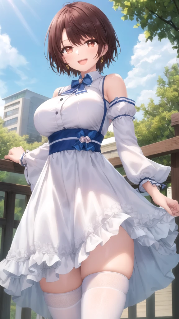 masterpiece, best quality, high quality, girl, solo, looking at viewer, yuuta_kadowaki, large breasts, white dress, detached sleeves, blue thighhighs, standing, cowboy shot, outdoors, smile, Open mouth,