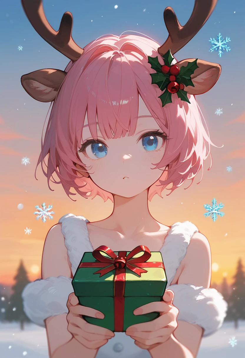 1 girl, short hair,  sky blue eyes,  pink hair number ，Bangs,  reindeer girl ， antlers， Christmas Element，Give gifts ， pretty face ，Sunset from the sky ，Depth of Field，snowflake