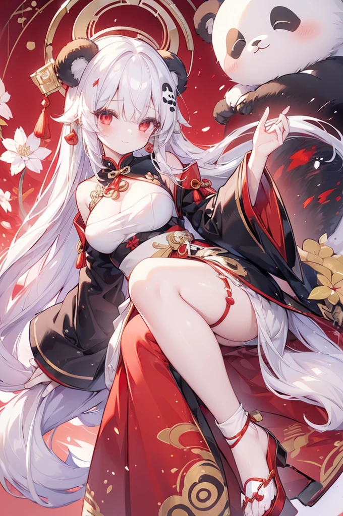 Cute and pretty girl,Long white hair,Reddish pupils,He is wearing a pale red antique robe.,There is a white pattern on the clothes,Wear white stockings,There is a silver hairpin on her head.,holding a white oil paper umbrella