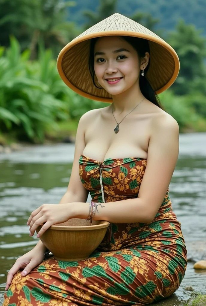 (masterpiece, best quality:1.2), 1girl, solo, batik sarong, ((large breasts:2)), Photo of Pretty Indonesian woman, ponytail, river, sitting, wearing hat, holding the container