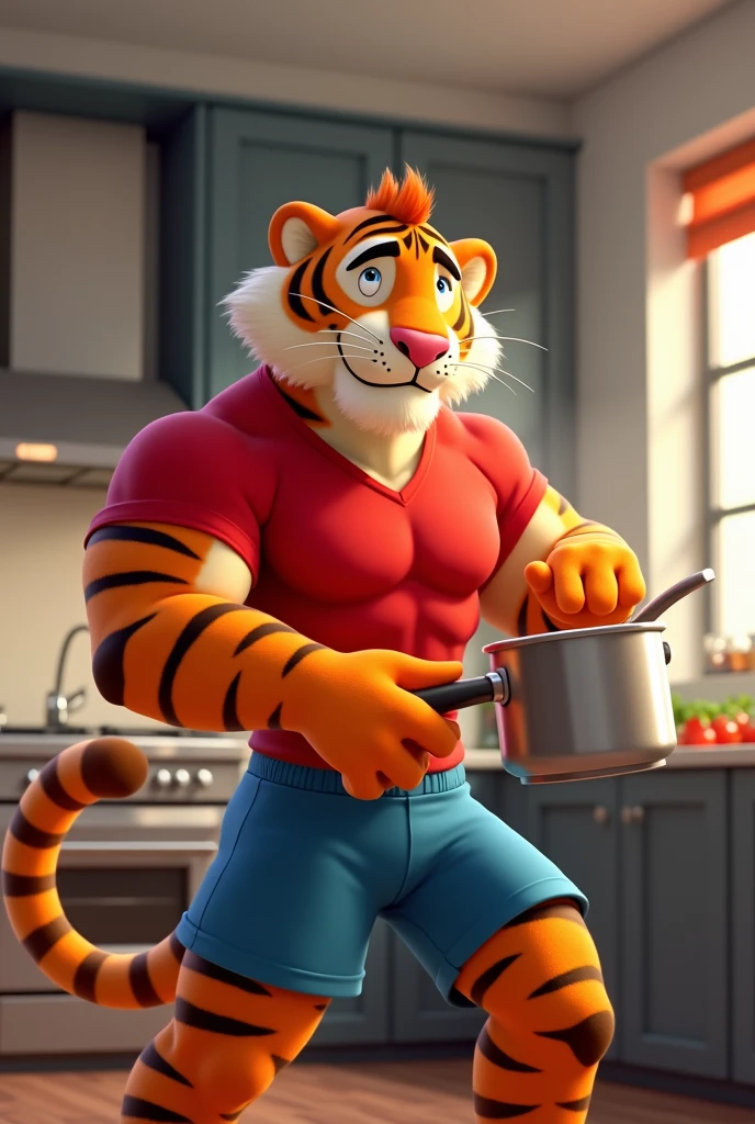 Bill is a tiger who has a well-built body, he wearing a white underwear, he invades a kitchen, raid the fridge, eating burgers at fridge, anthro tiger, male, adult, orange fur, buffed body, sexy, beefy body, furred body, beautiful, furry chest hair, realistic, full body, photorealistic, ultra realistic, 8k, night, bare-chested, sexy butt, fluffy butt, in back turned posing 