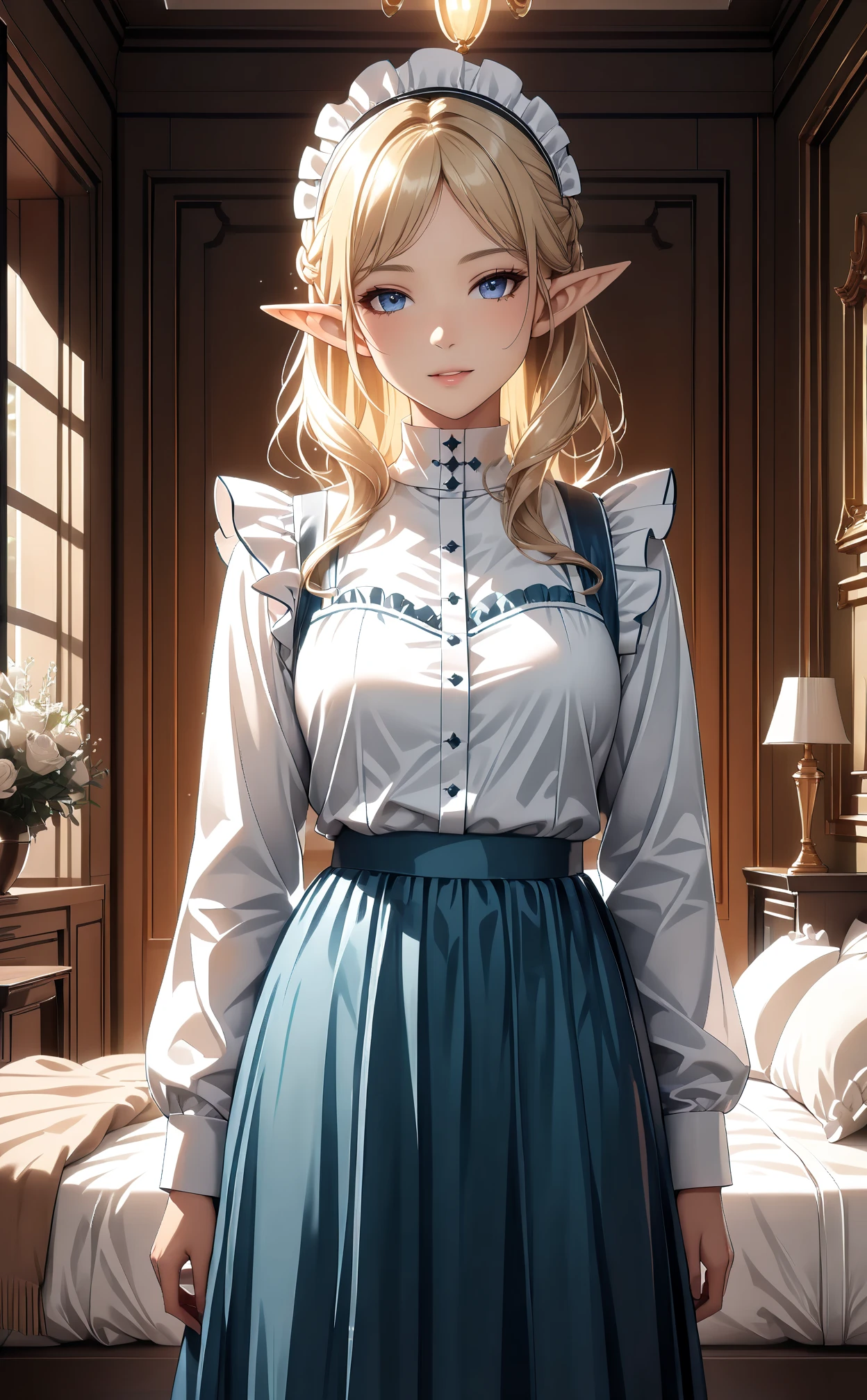 1girl, cute pose, frieren, sousou no frieren, elf, standing, blush, closed mouth, hair between eyes, long sleeves, earrings, absurdres, highres, Fantasy, bedroom, best quality, masterpiece, very aesthetic, perfect composition, intricate details, ultra-detailed