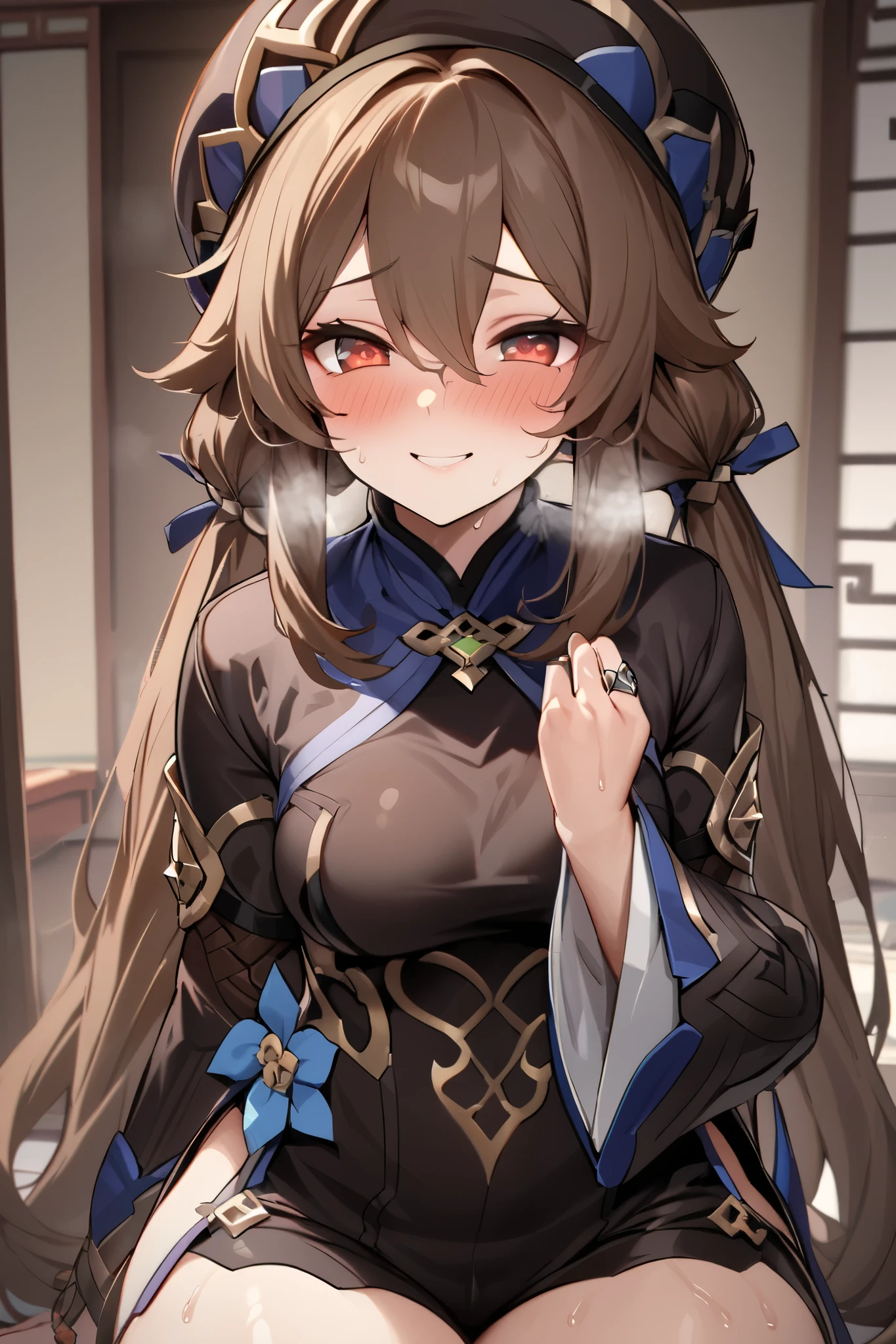 NSFW,masterpiece, top quality , high res, very detailed,walnut\(Genshin Impact\)、 long hair、bangs、Brown Hair、Red Eye、 hair between eyes、 twin tails、side lock、 symbol shaped pupil , Long Sleeve 、hat、gem、flower、 SHORTS、 wide sleeve、 comments、 Chinese clothes、黒の SHORTS、ring、Black Nails、hat飾り、hatのflower,smile,sweat,Heavy breathing,blush